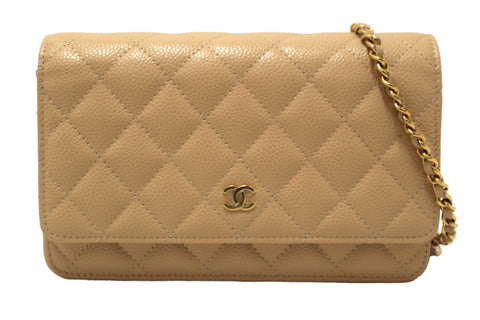 Authentic NEW Chanel Beige Quilted Caviar Leather Wallet On Chain WOC/ Clutch Bag