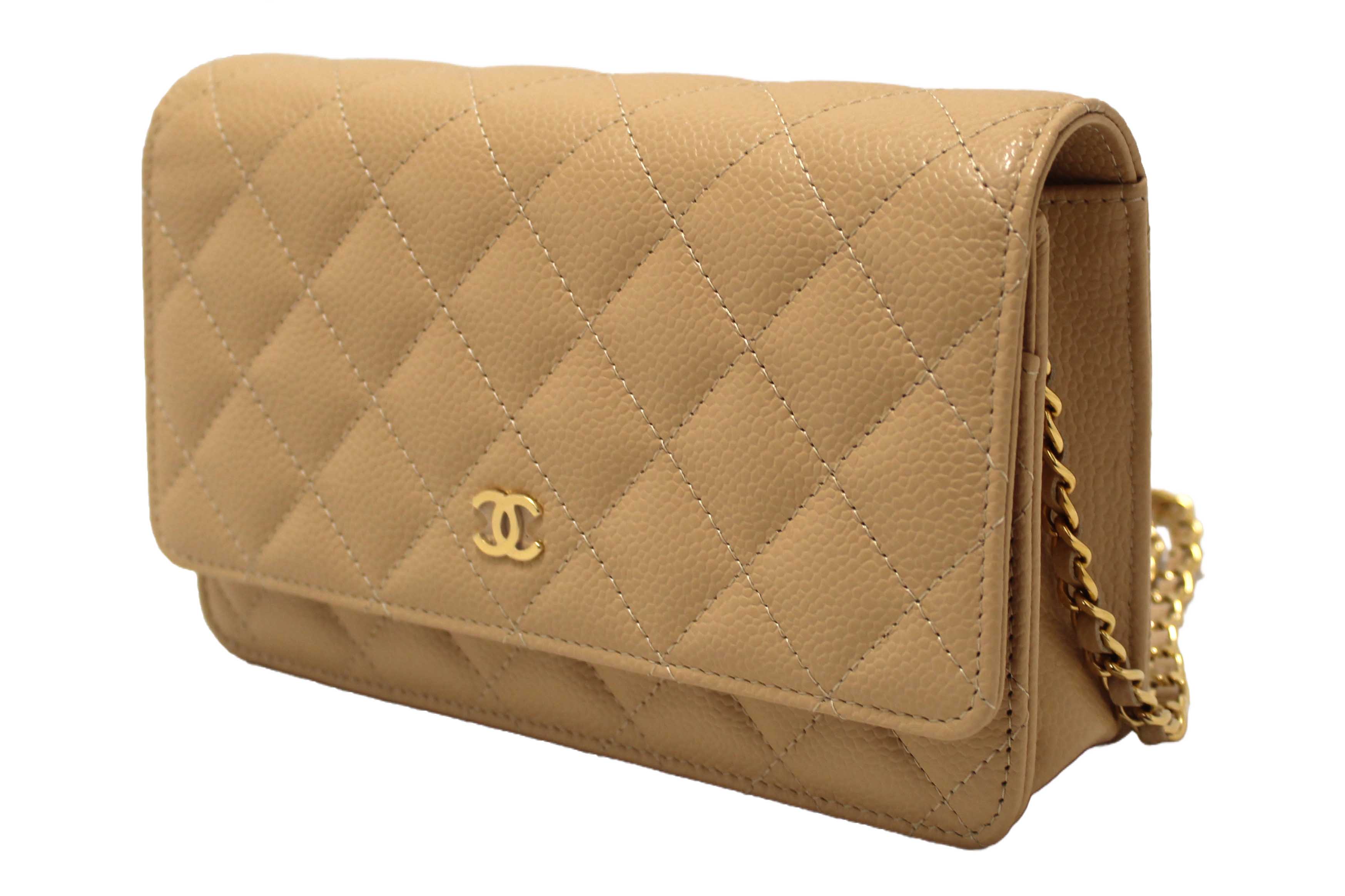 Authentic NEW Chanel Beige Quilted Caviar Leather Wallet On Chain WOC/ Clutch Bag
