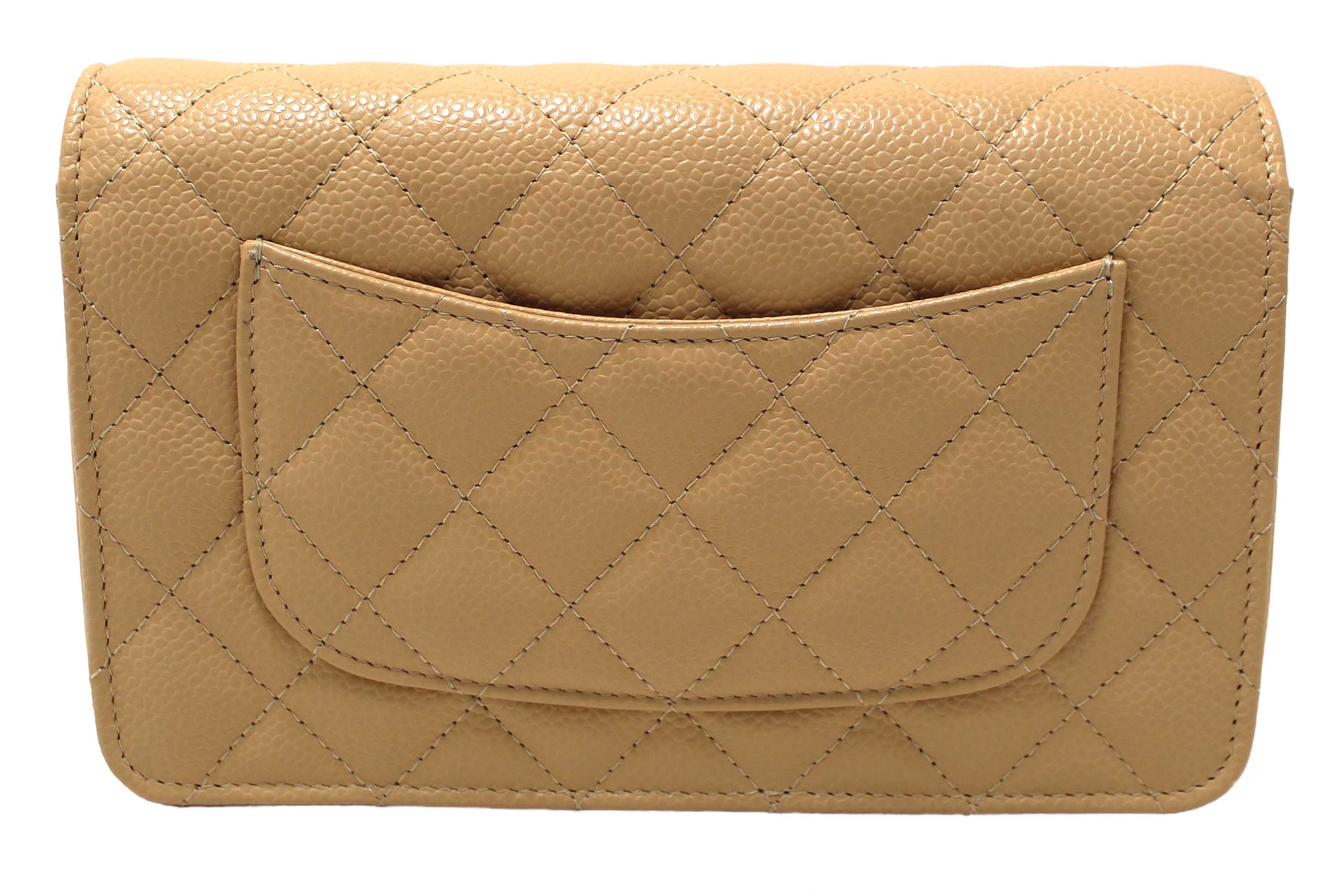 Authentic NEW Chanel Beige Quilted Caviar Leather Wallet On Chain WOC/ Clutch Bag