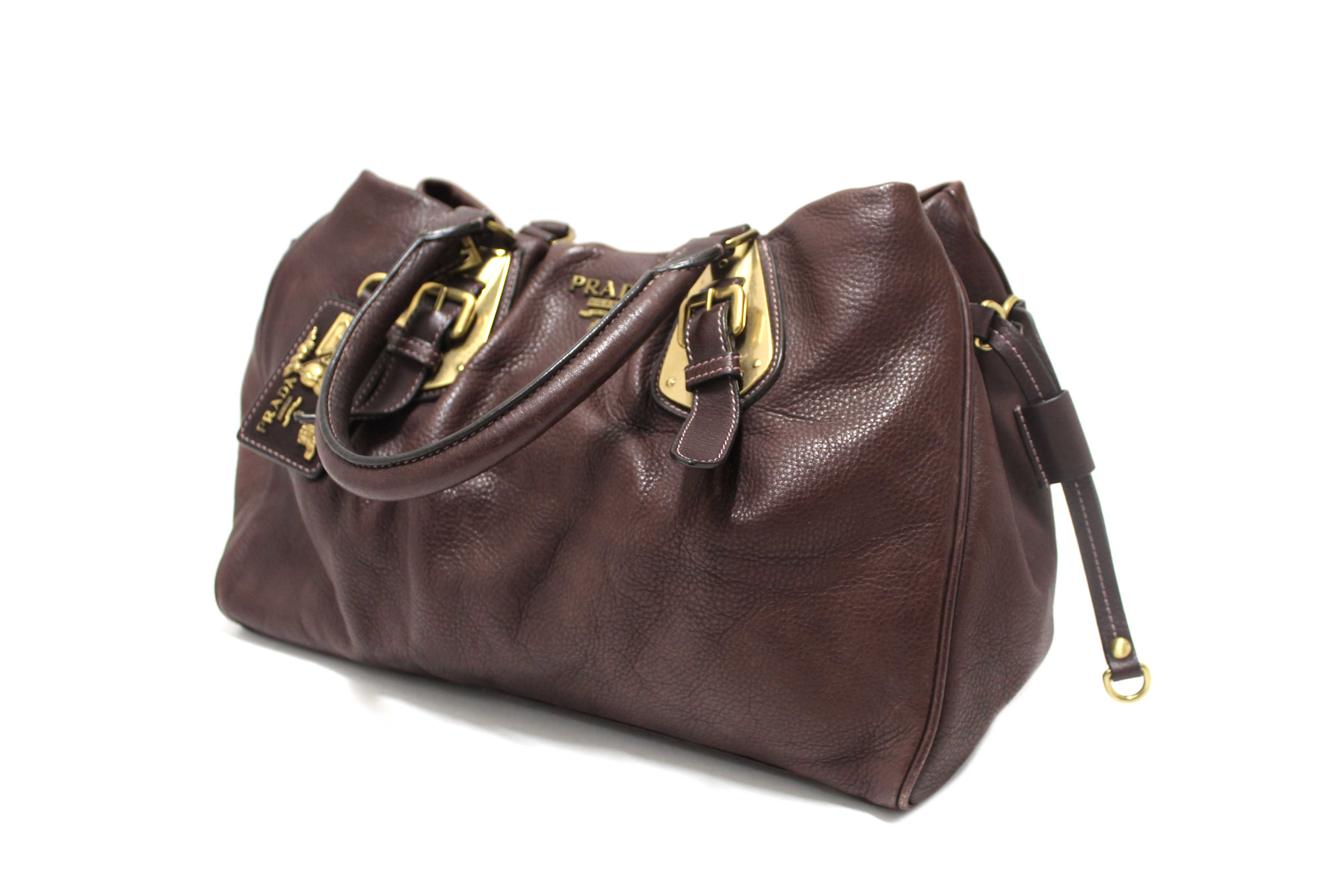 Authentic Prada Vintage Brown Leather Top Handle Shoulder Bag