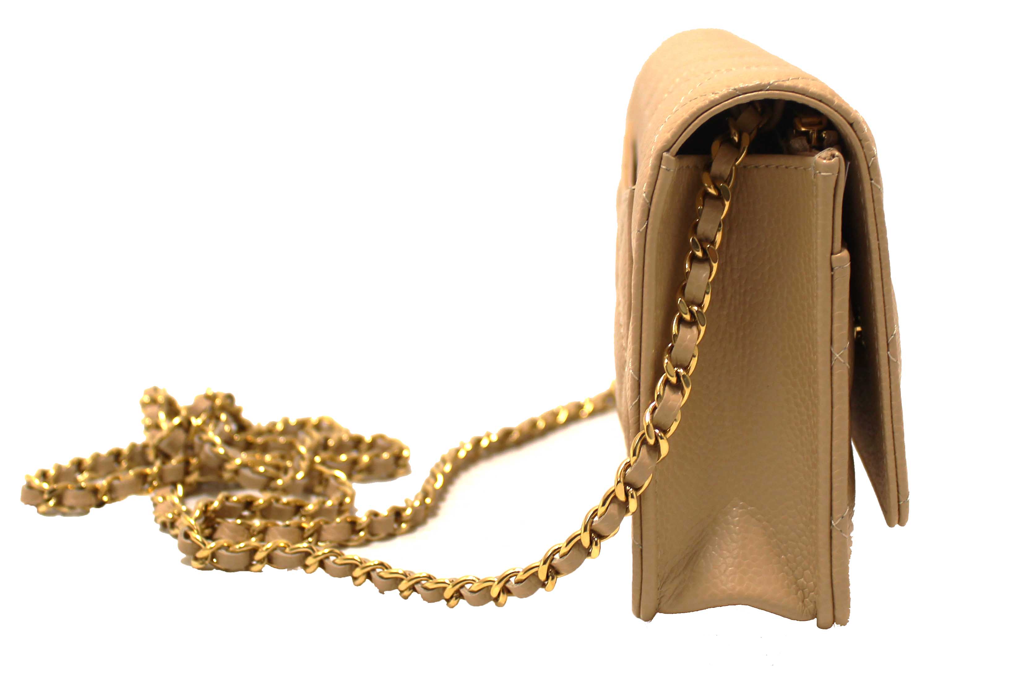Authentic NEW Chanel Beige Quilted Caviar Leather Wallet On Chain WOC/ Clutch Bag