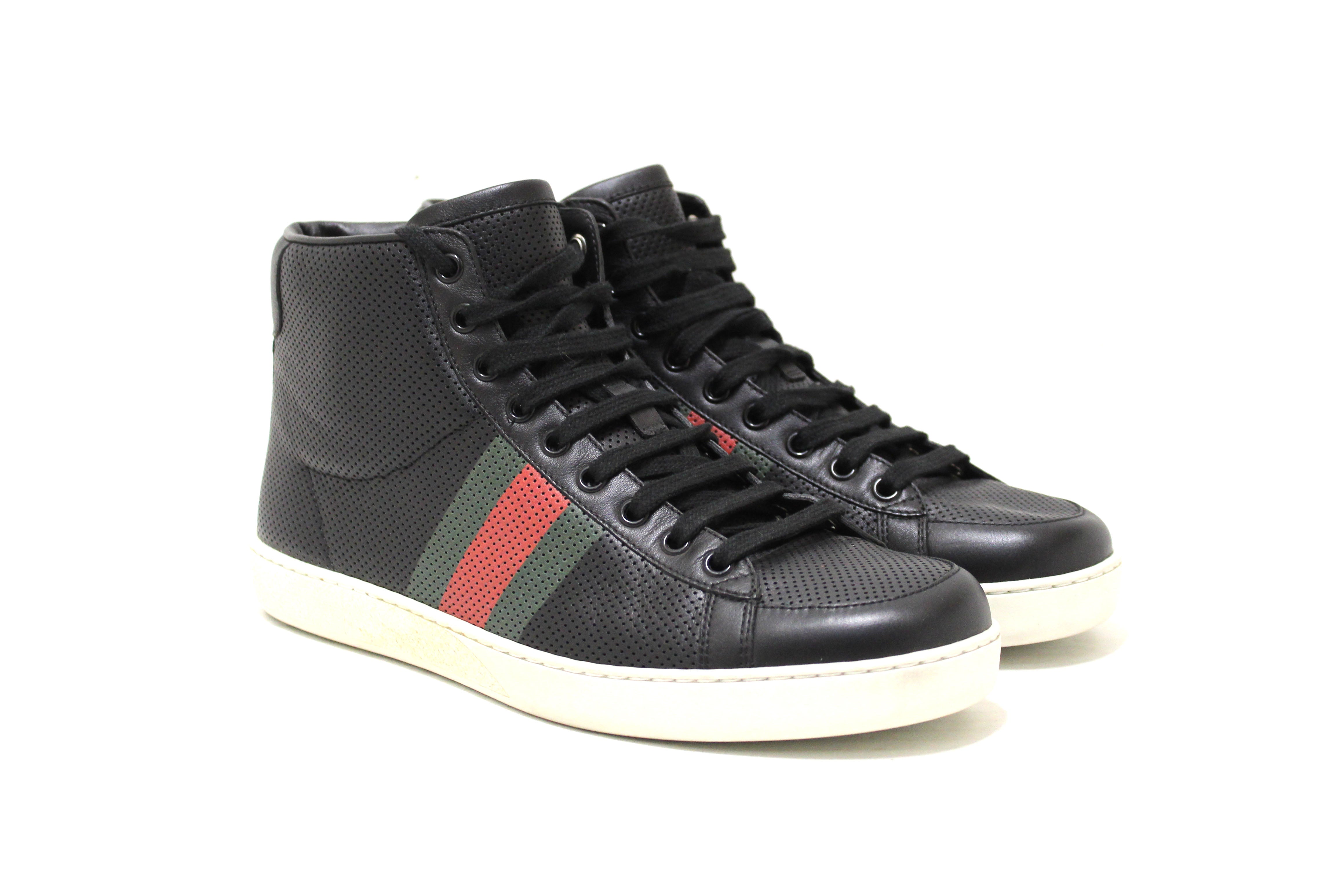 Authentic Gucci Men's Black Perforated Leather High Tops Sneakers Size 7.5