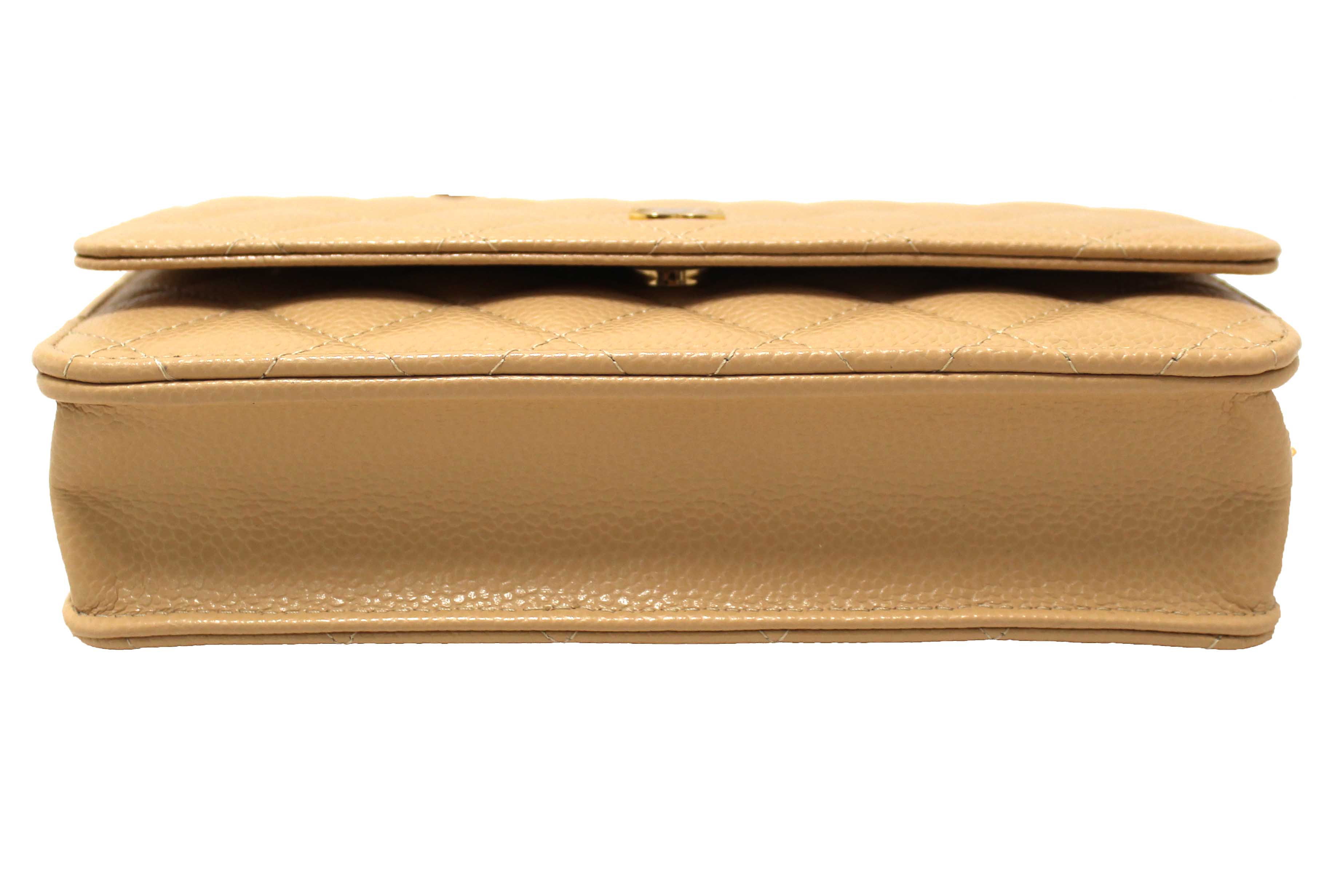 Authentic NEW Chanel Beige Quilted Caviar Leather Wallet On Chain WOC/ Clutch Bag