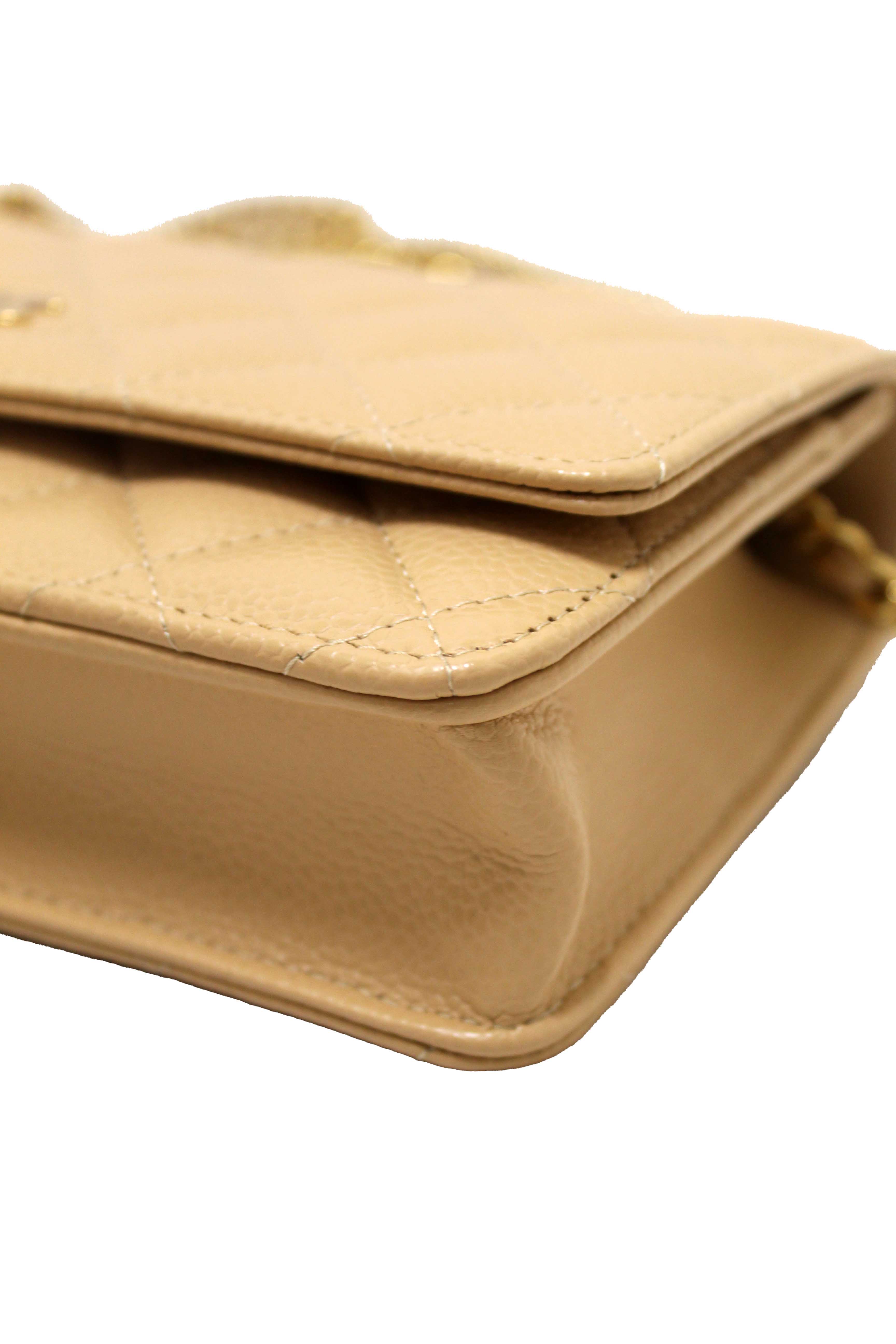 Authentic NEW Chanel Beige Quilted Caviar Leather Wallet On Chain WOC/ Clutch Bag