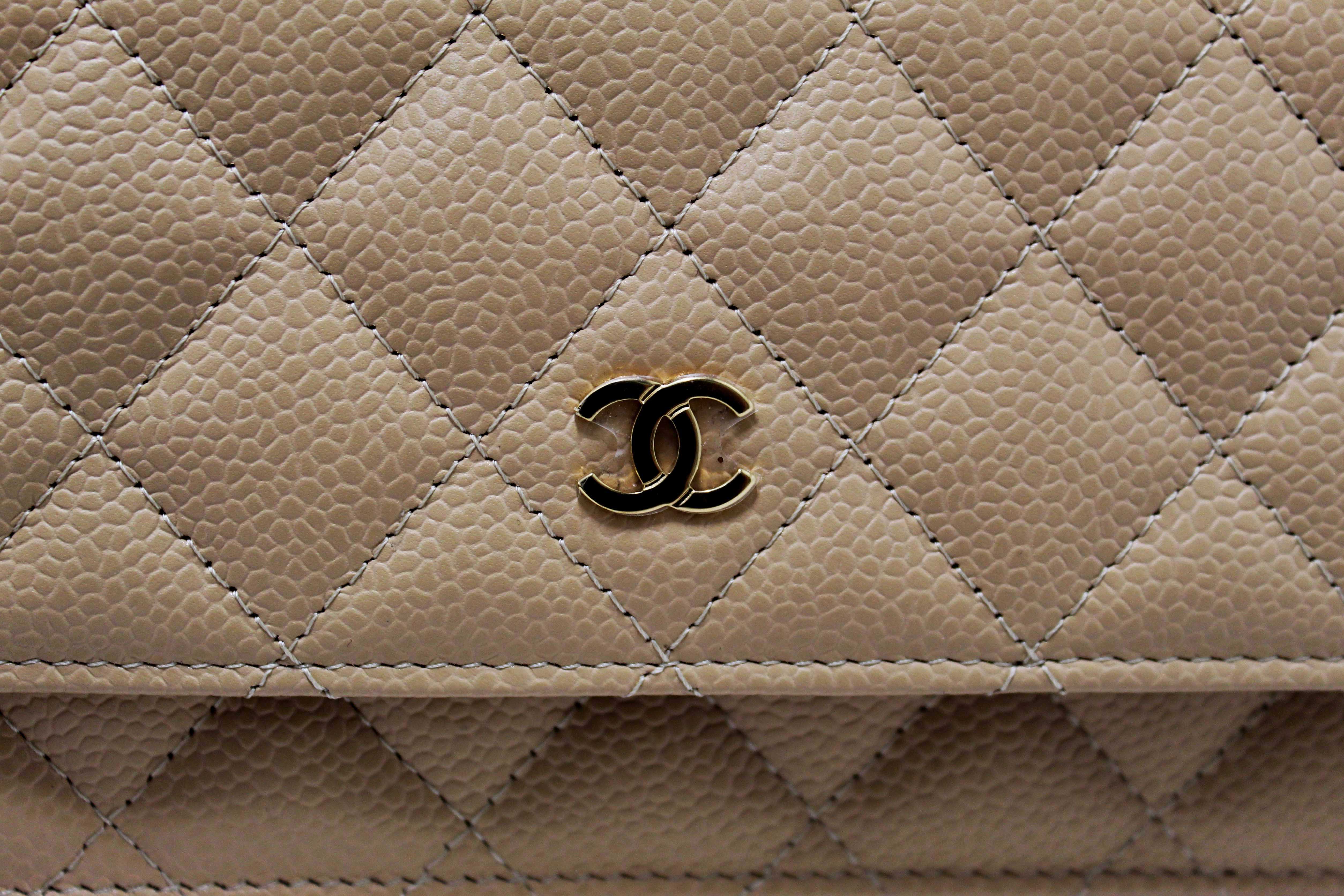 Authentic NEW Chanel Beige Quilted Caviar Leather Wallet On Chain WOC/ Clutch Bag
