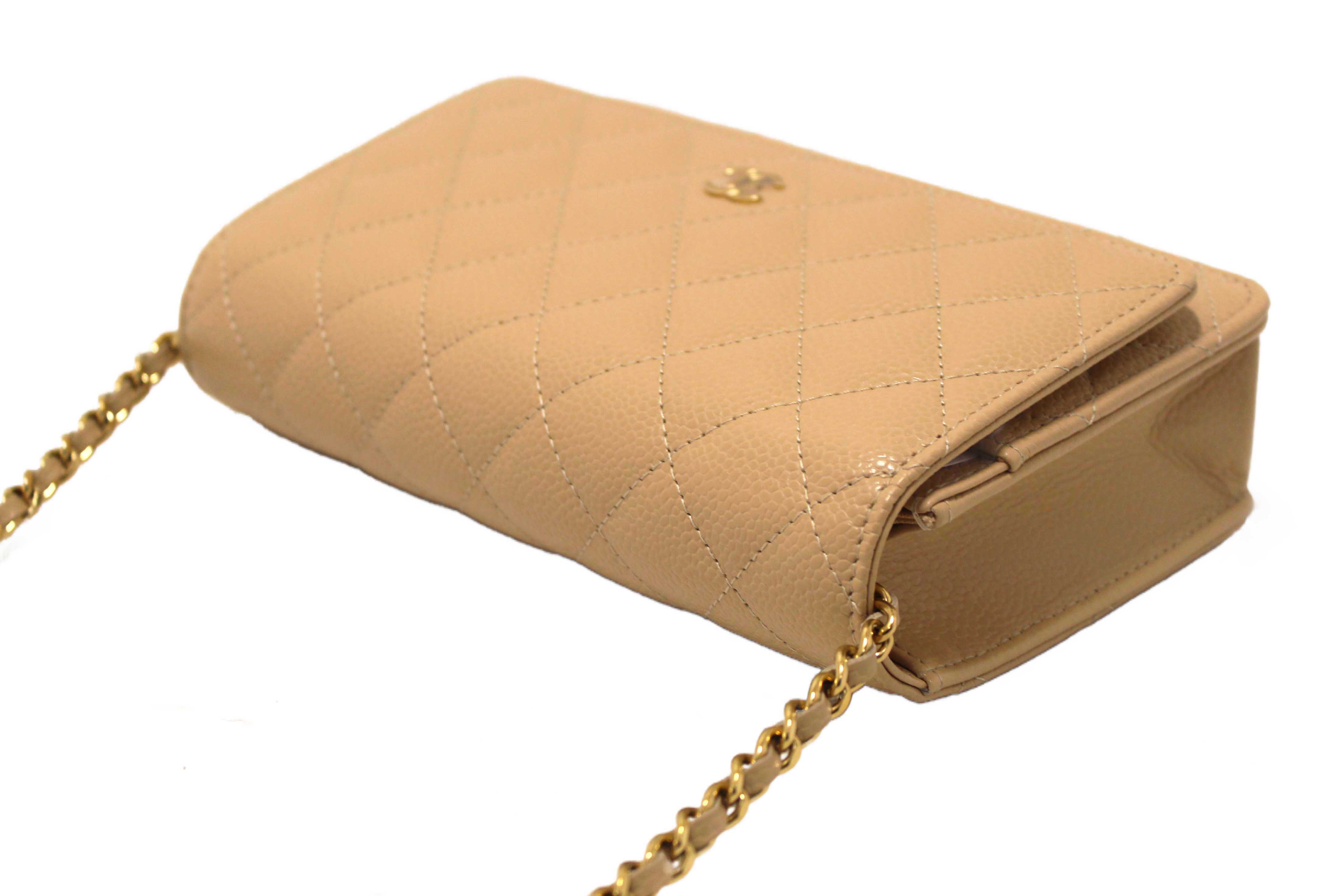 Authentic NEW Chanel Beige Quilted Caviar Leather Wallet On Chain WOC/ Clutch Bag