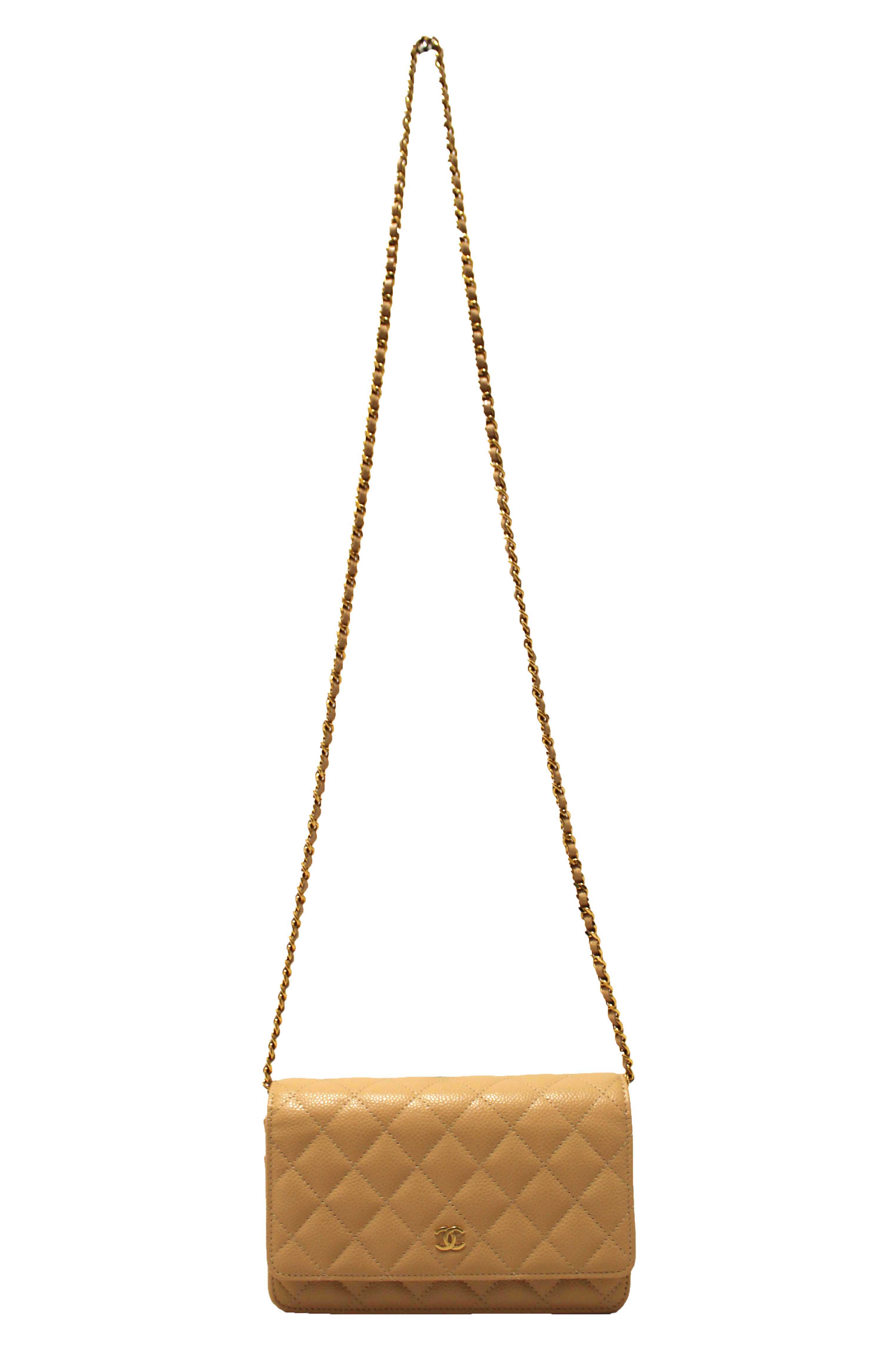 Authentic NEW Chanel Beige Quilted Caviar Leather Wallet On Chain WOC/ Clutch Bag