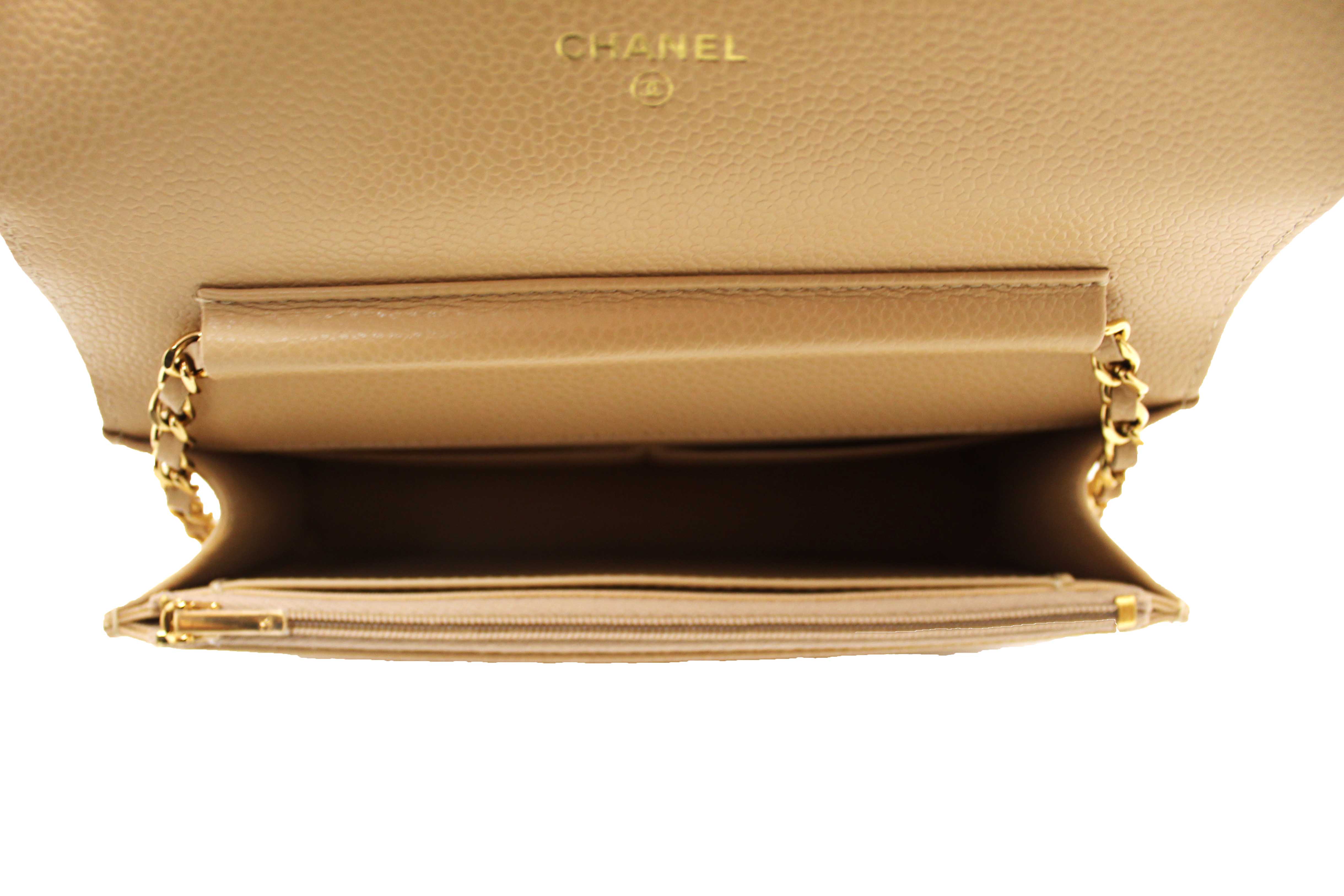 Authentic NEW Chanel Beige Quilted Caviar Leather Wallet On Chain WOC/ Clutch Bag
