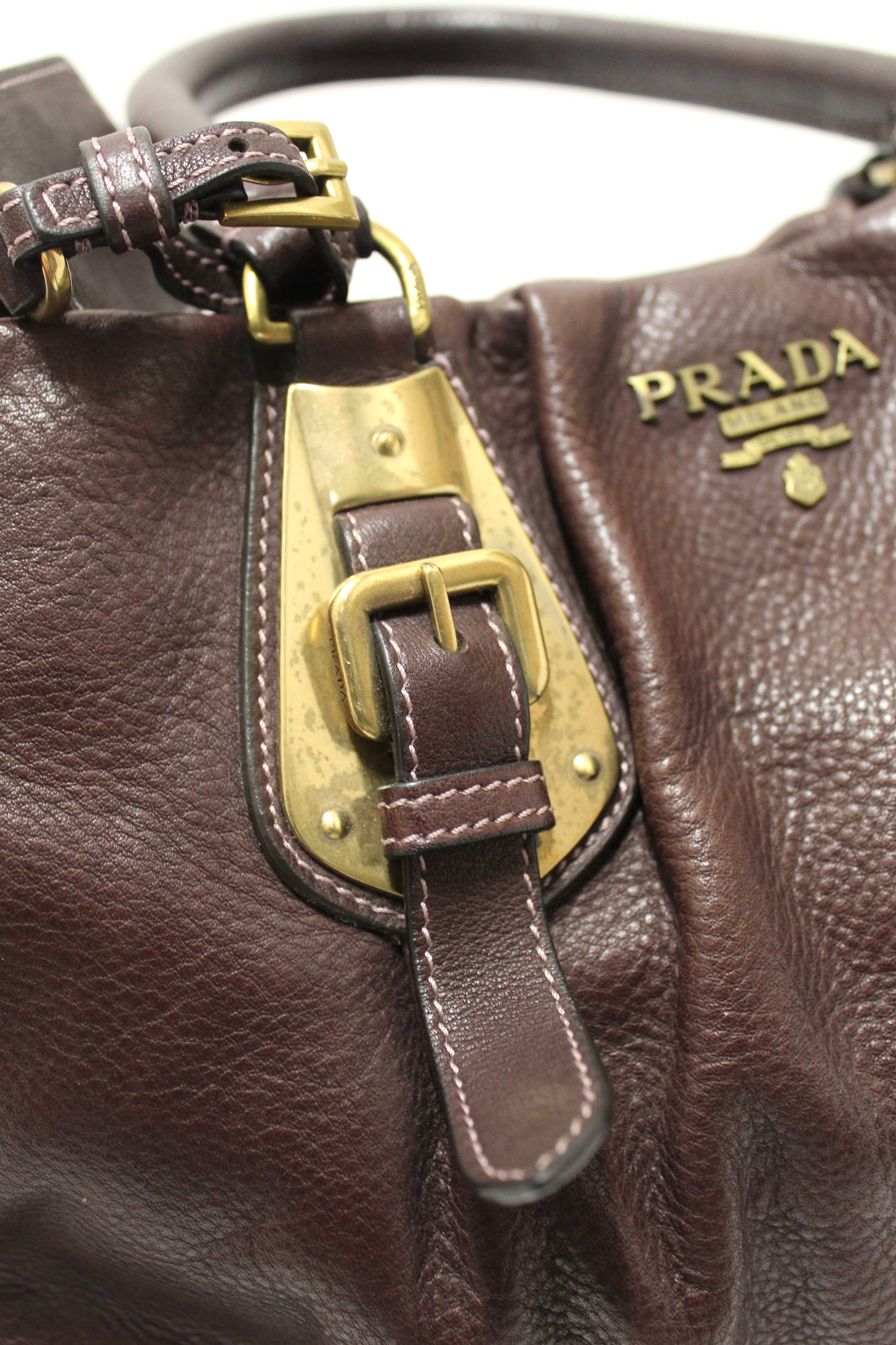 Authentic Prada Vintage Brown Leather Top Handle Shoulder Bag