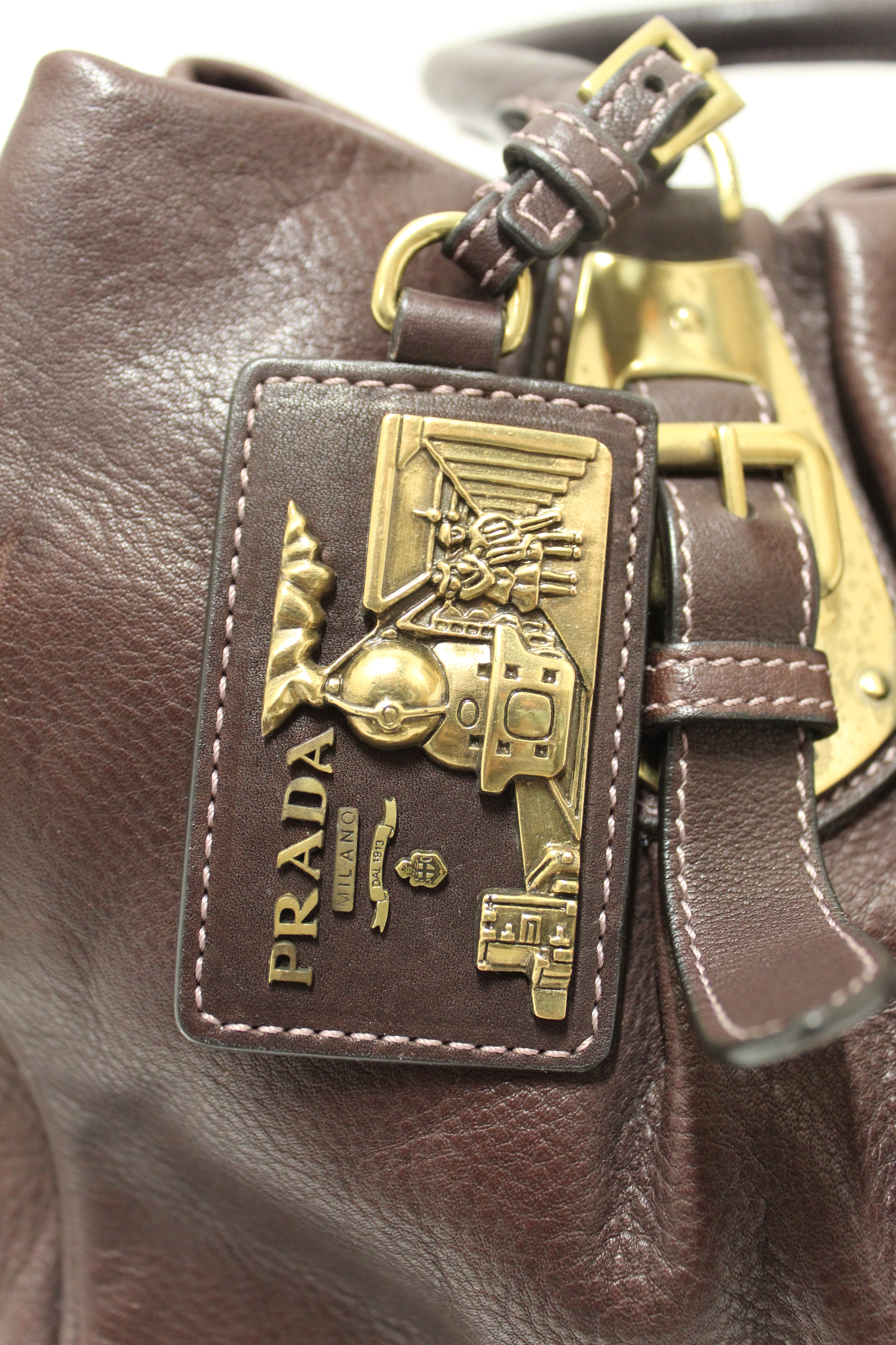 Authentic Prada Vintage Brown Leather Top Handle Shoulder Bag