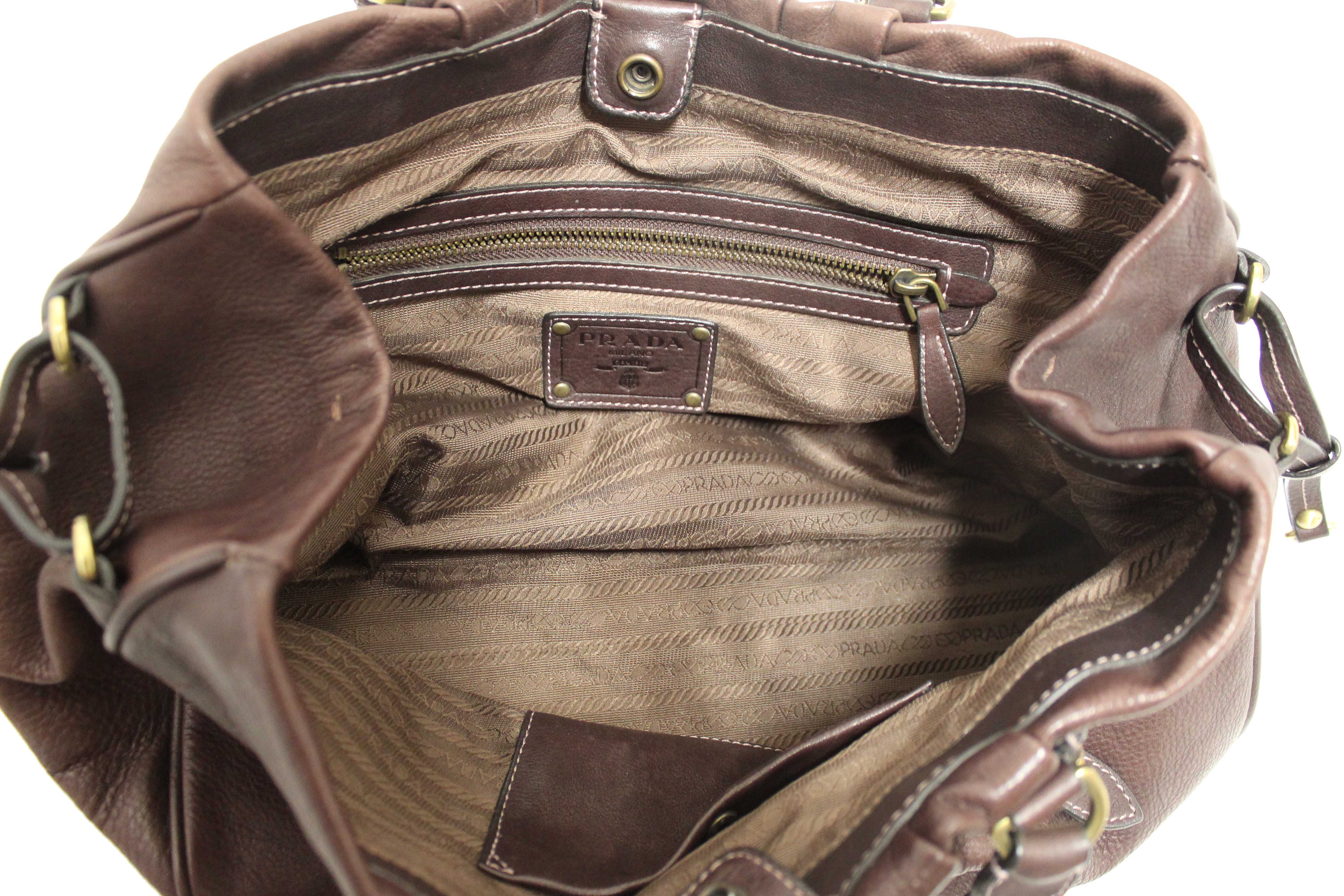 Authentic Prada Vintage Brown Leather Top Handle Shoulder Bag