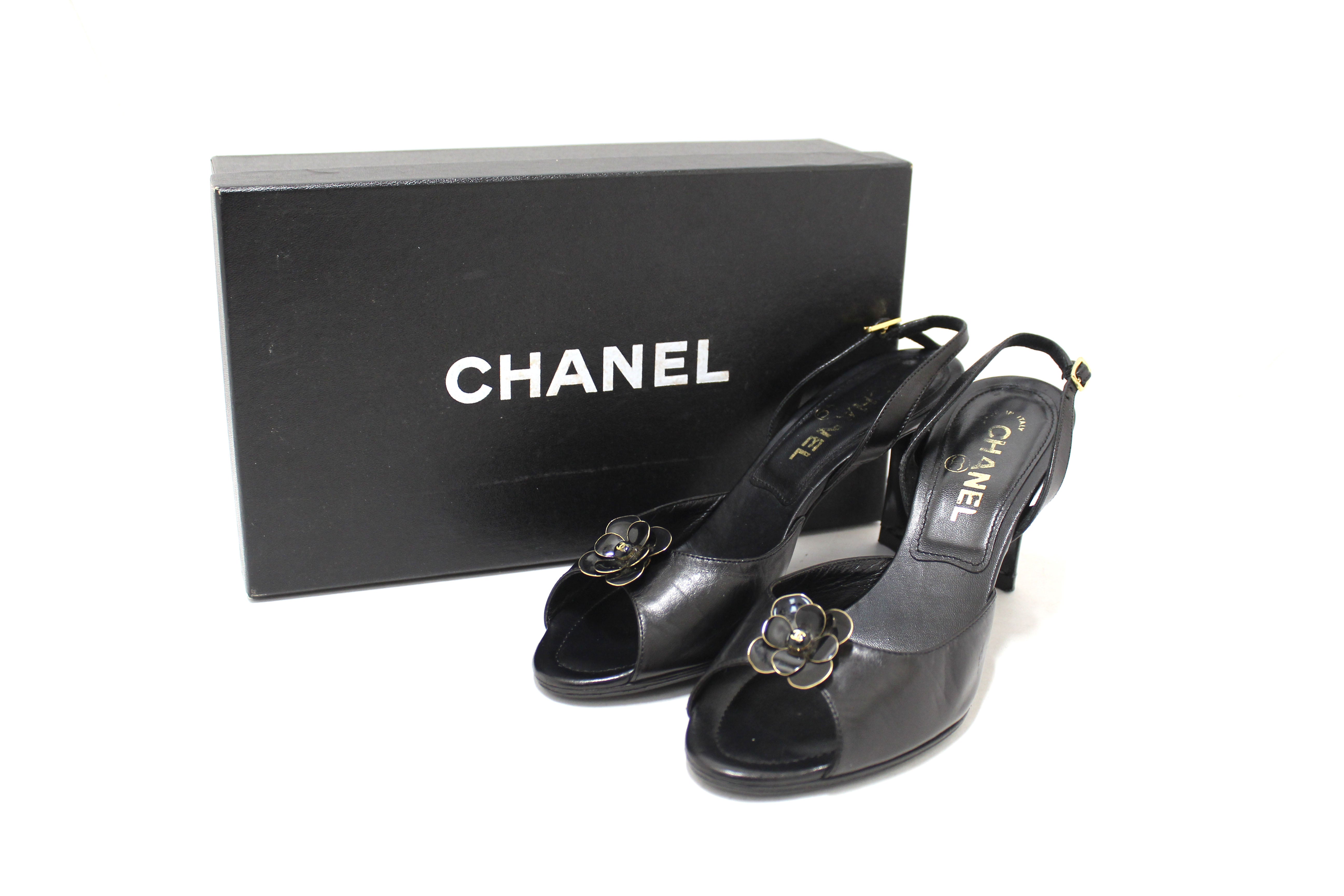 Authentic Chanel Vintage Black Leather Slingback Sandal Heel Shoes Size 37