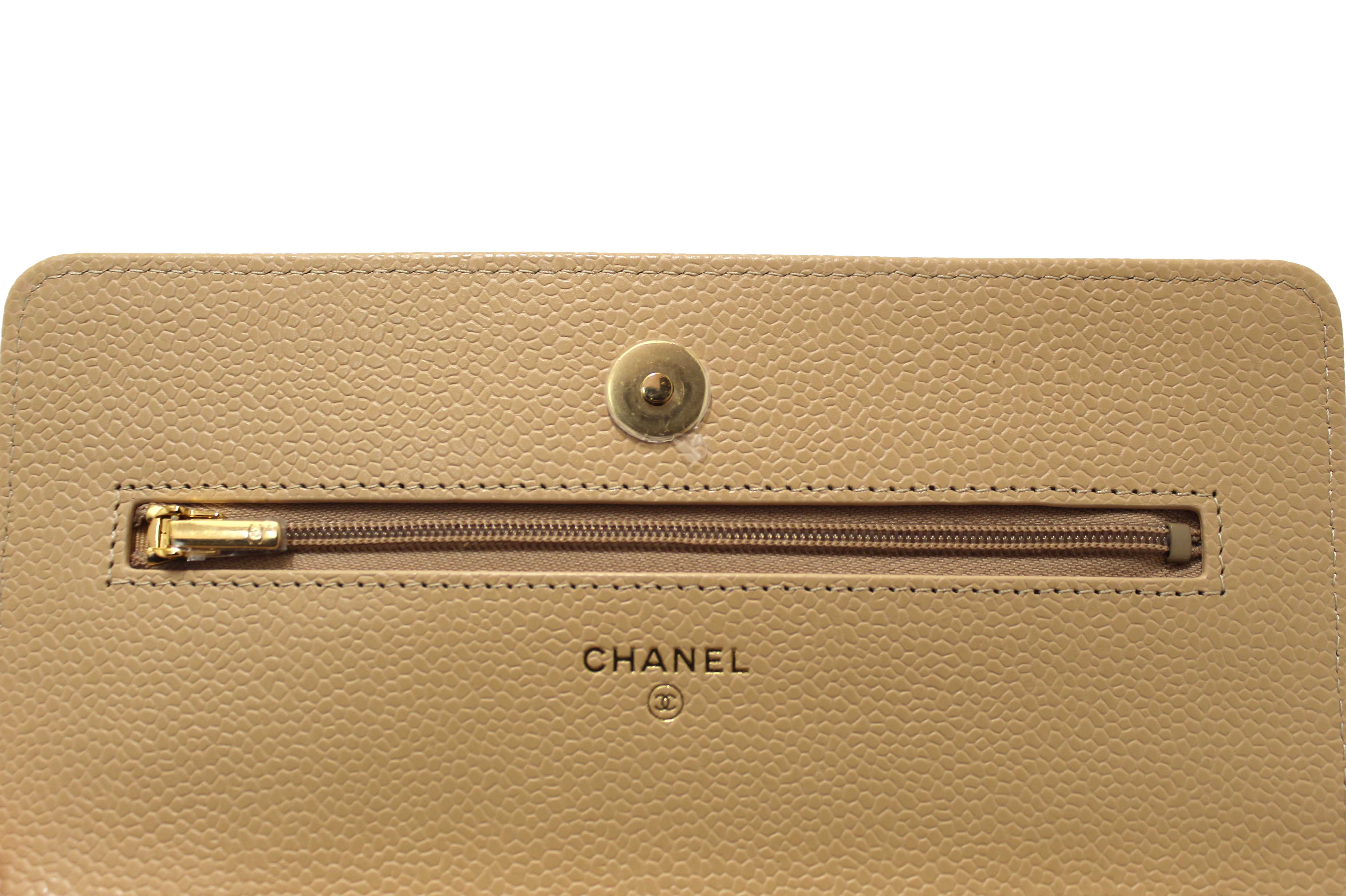 Authentic NEW Chanel Beige Quilted Caviar Leather Wallet On Chain WOC/ Clutch Bag