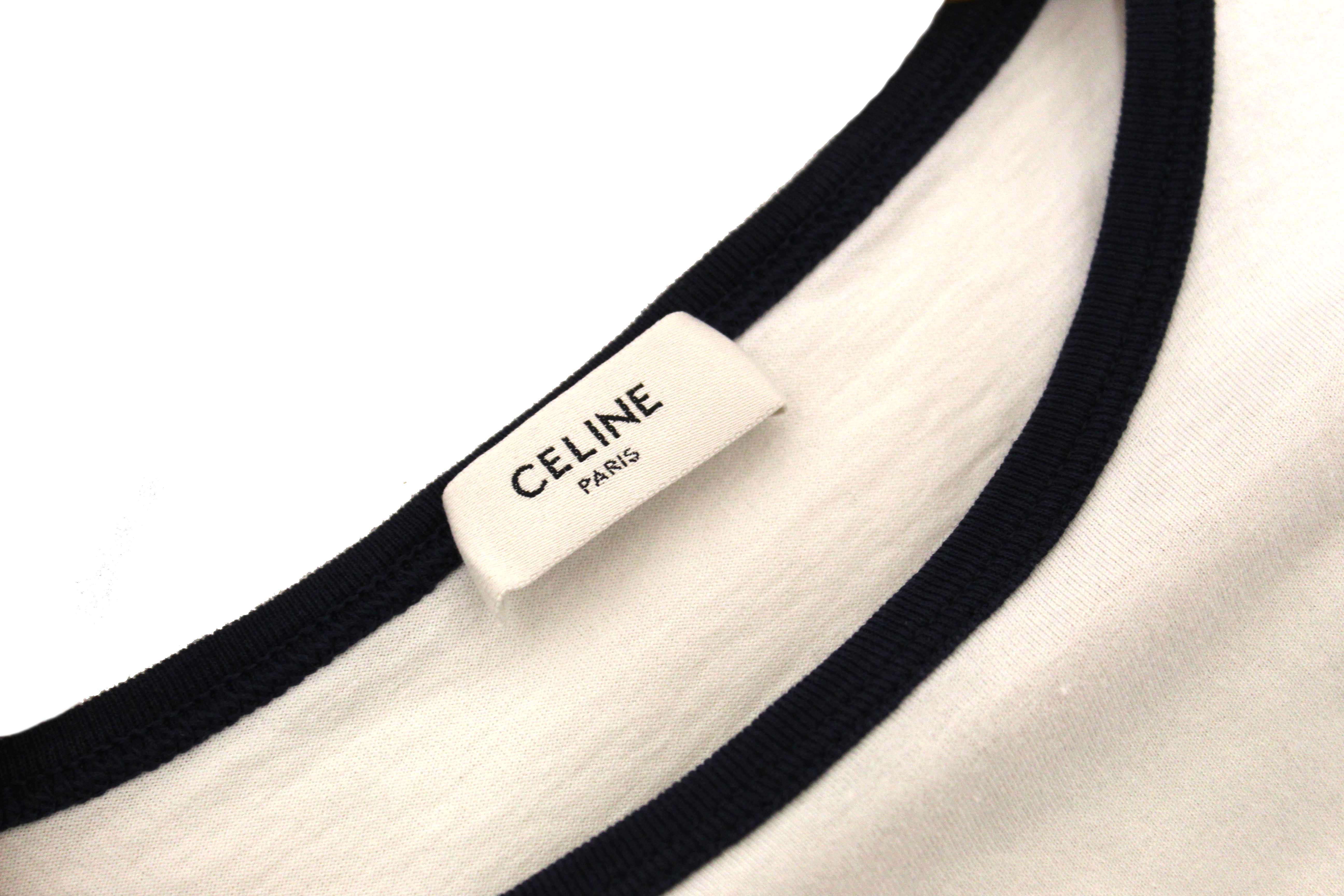 Authentic Celine White and Navy Cotton Graphic Logo Print T-shirt size S