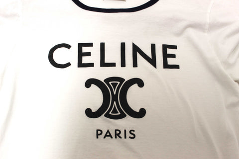 Authentic Celine White and Navy Cotton Graphic Logo Print T-shirt size S