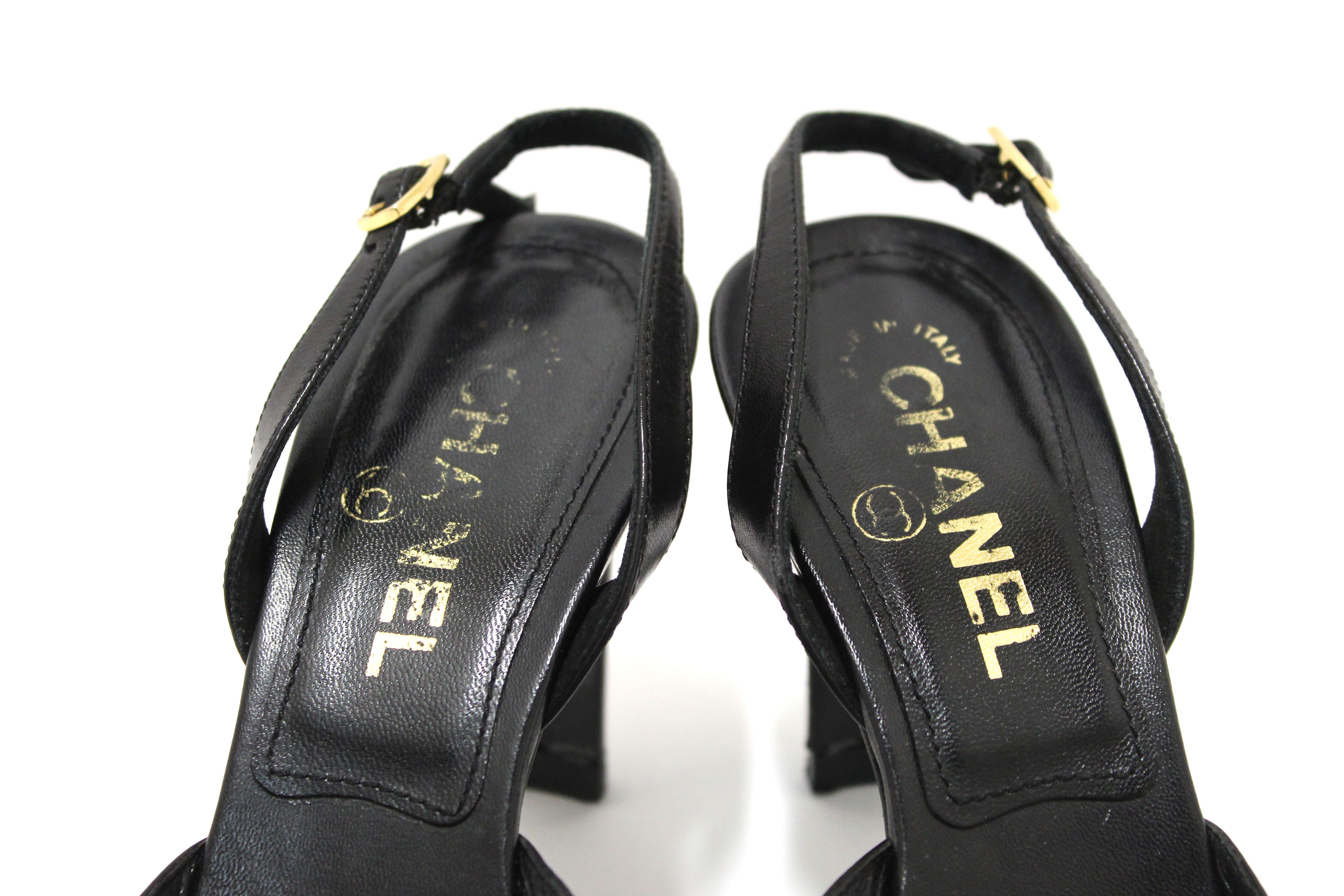 Authentic Chanel Vintage Black Leather Slingback Sandal Heel Shoes Size 37