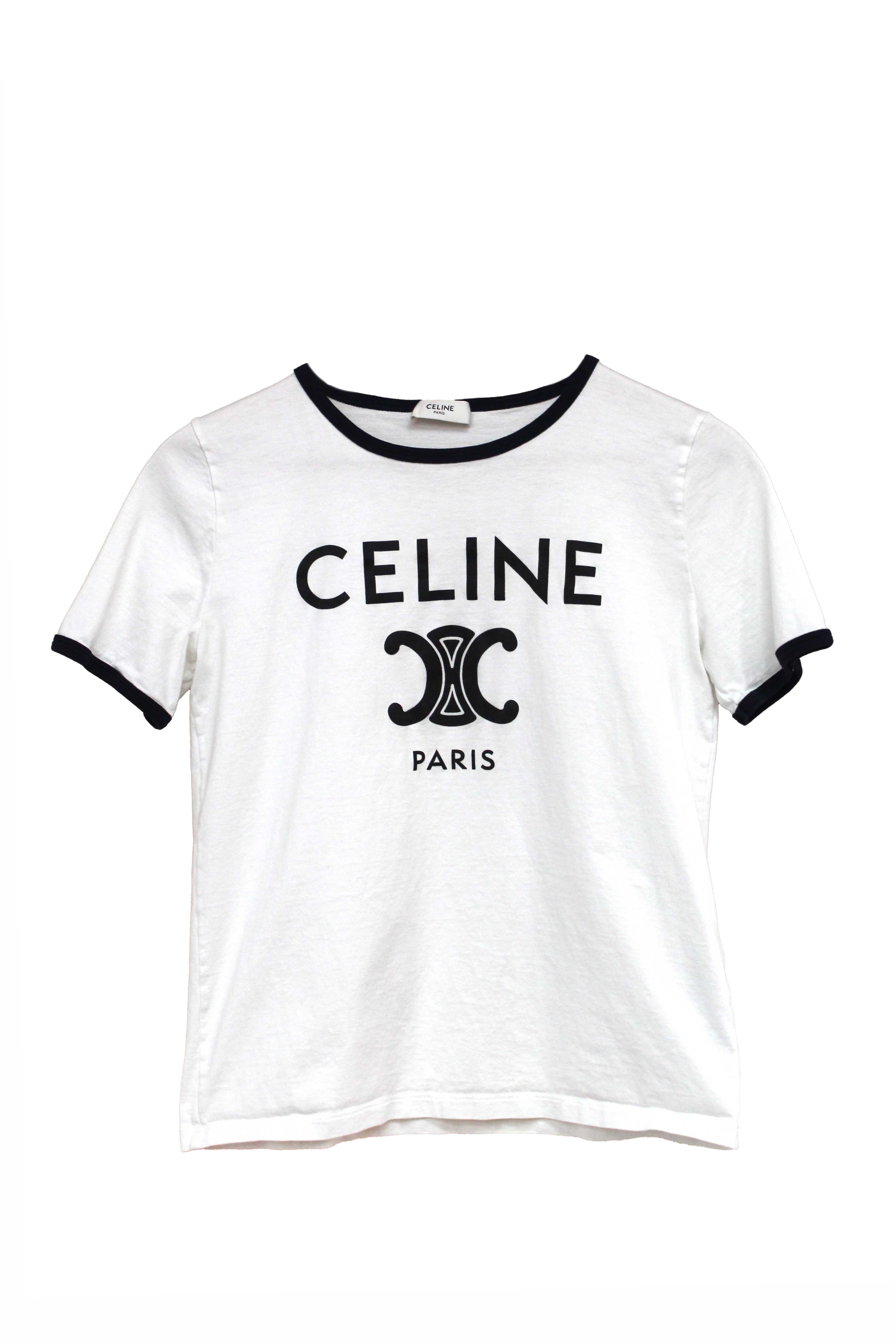 Authentic Celine White and Navy Cotton Graphic Logo Print T-shirt size S