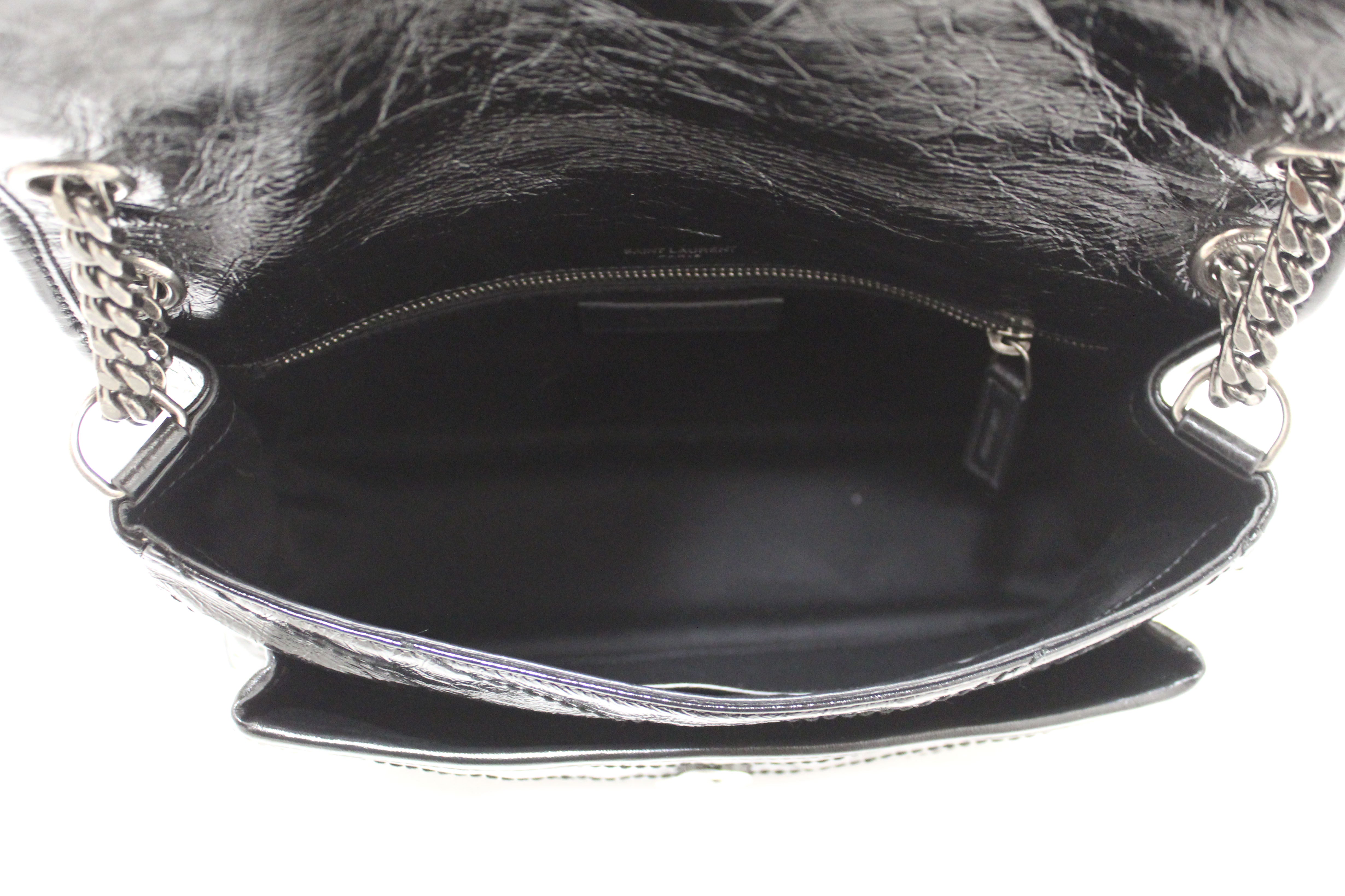 Authentic YSL Yves Saint Laurent Black Crinkled Leather Medium Niki Shoulder Bag