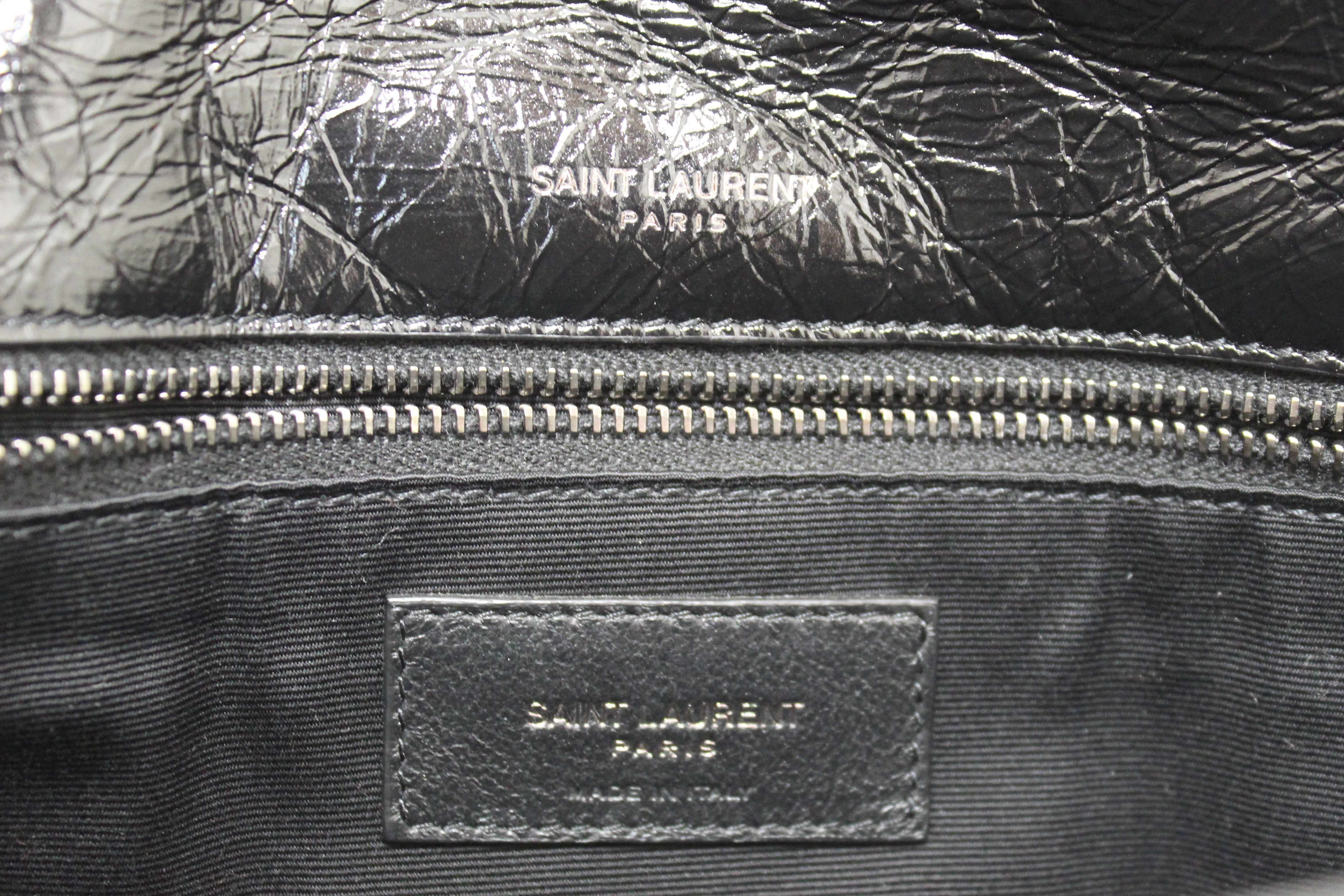 Authentic YSL Yves Saint Laurent Black Crinkled Leather Medium Niki Shoulder Bag