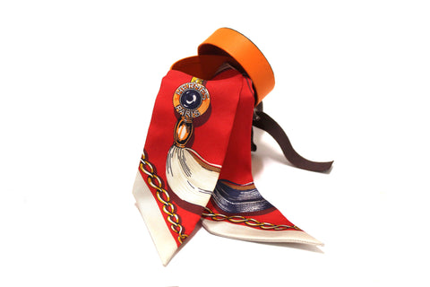 Authentic Hermes Red/Beige Silk Cavalcades Twilly Bandeau Scarf