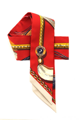 Authentic Hermes Red/Beige Silk Cavalcades Twilly Bandeau Scarf