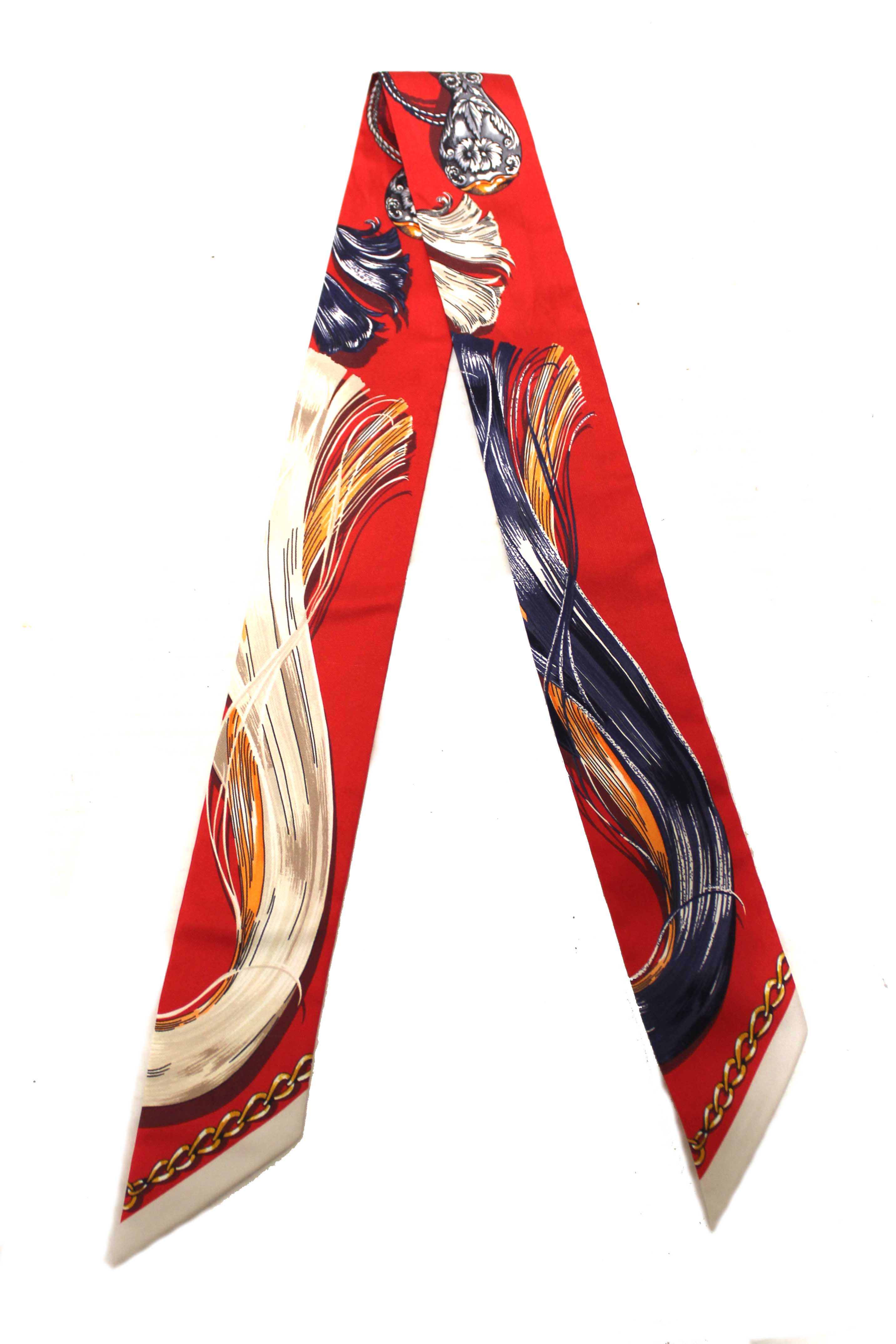 Authentic Hermes Red/Beige Silk Cavalcades Twilly Bandeau Scarf