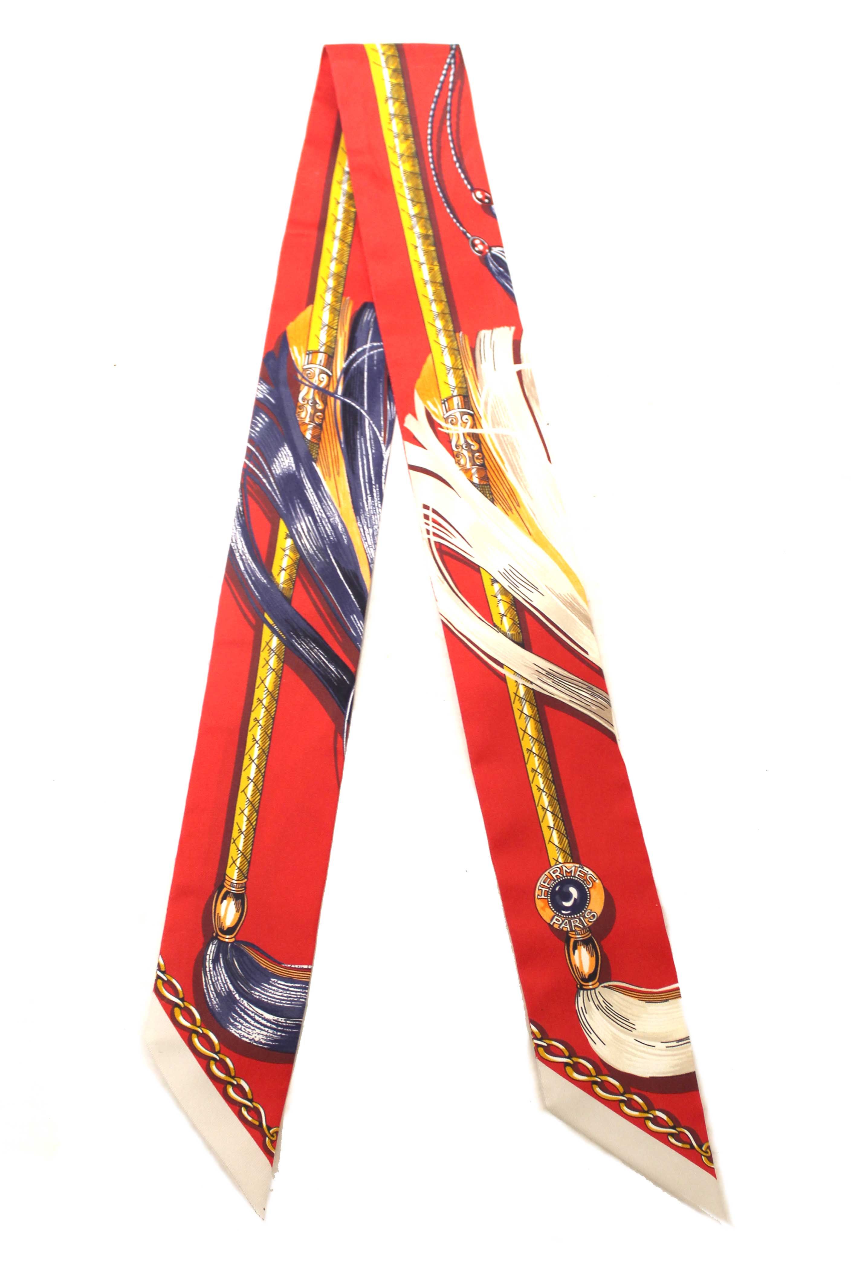 Authentic Hermes Red/Beige Silk Cavalcades Twilly Bandeau Scarf