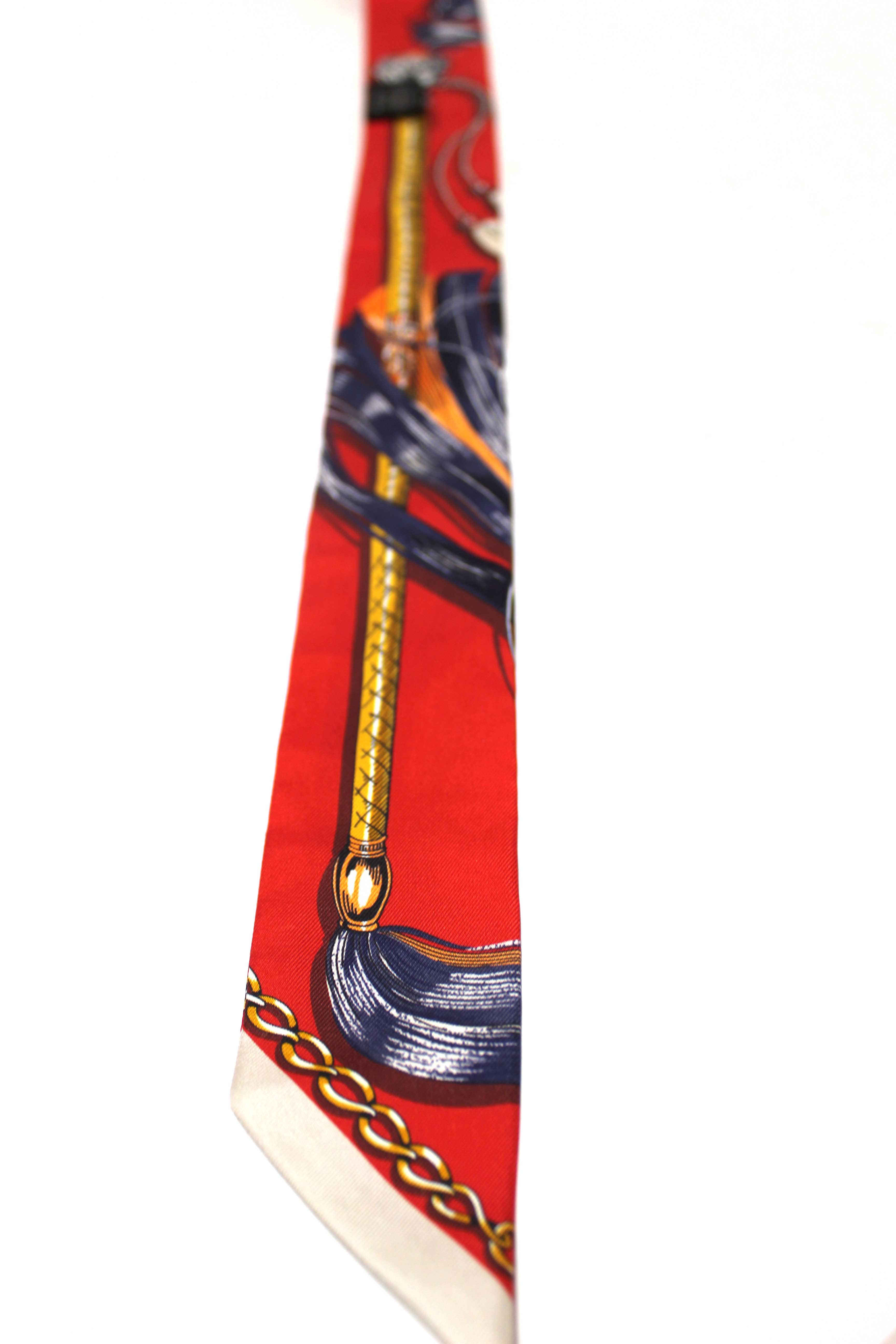 Authentic Hermes Red/Beige Silk Cavalcades Twilly Bandeau Scarf