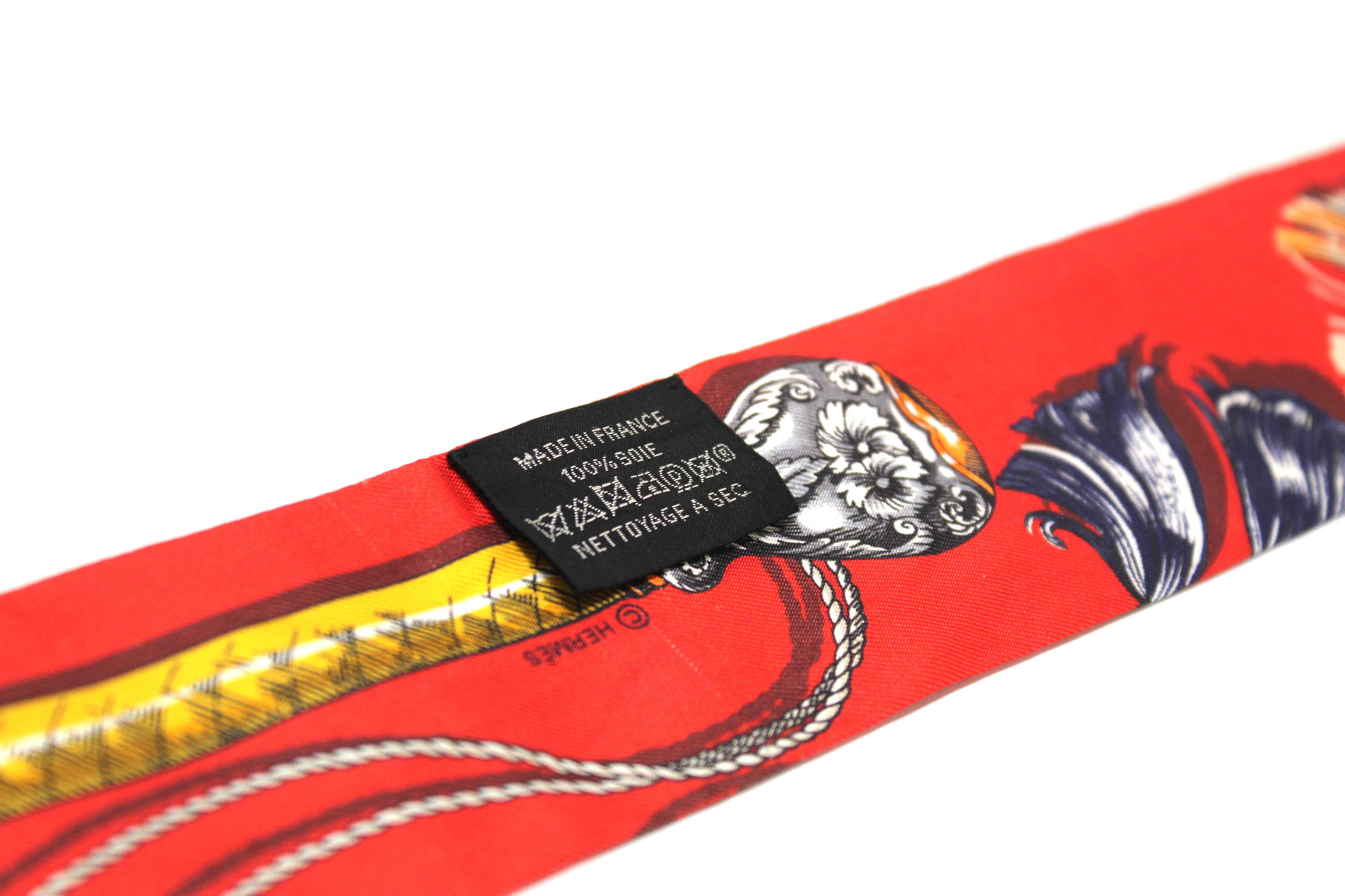 Authentic Hermes Red/Beige Silk Cavalcades Twilly Bandeau Scarf