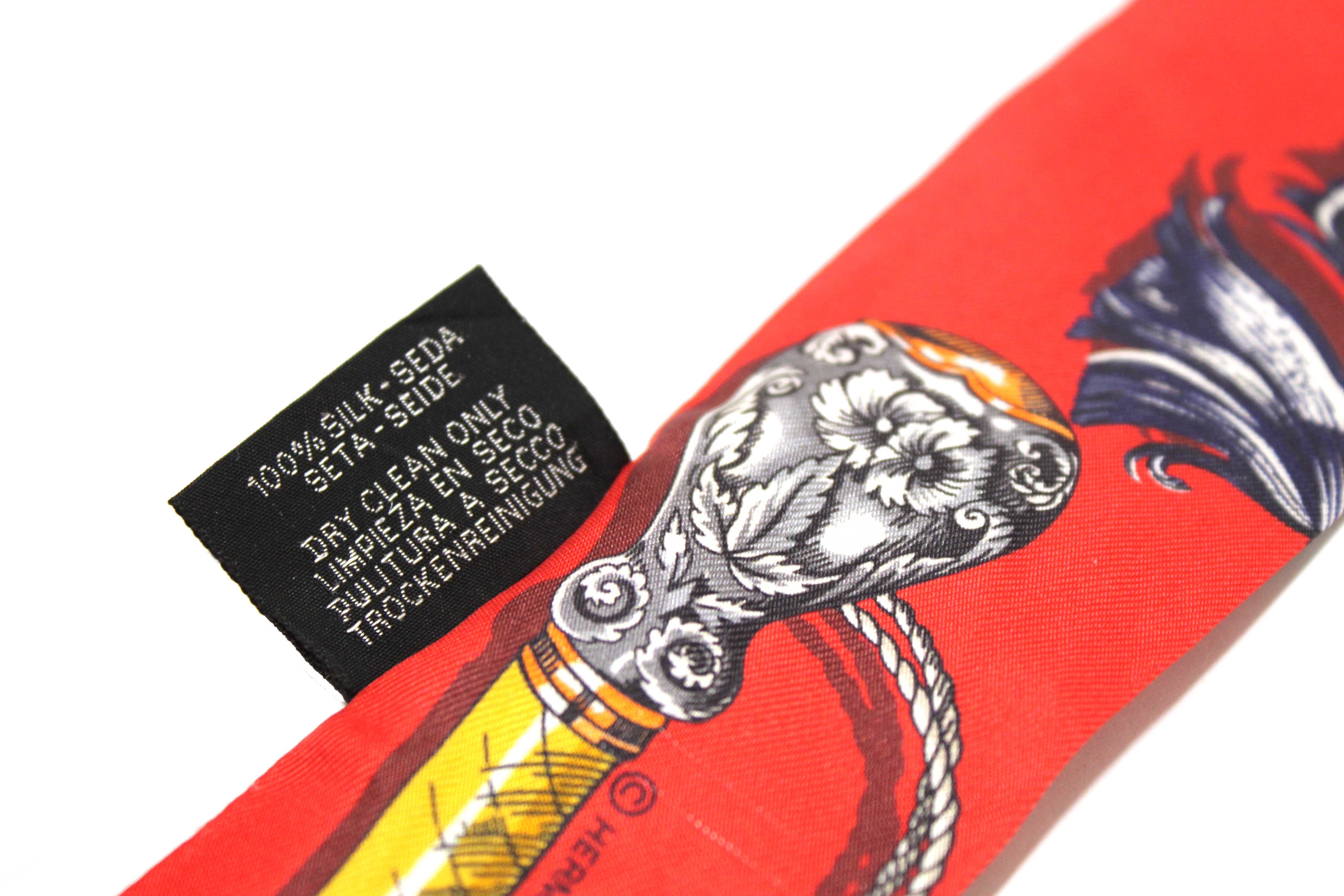 Authentic Hermes Red/Beige Silk Cavalcades Twilly Bandeau Scarf