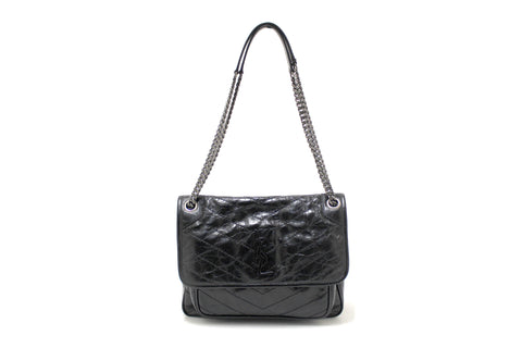 Authentic YSL Yves Saint Laurent Black Crinkled Leather Medium Niki Shoulder Bag