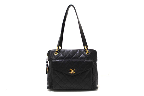 Authentic Chanel Vintage Black Quilted Caviar Front Pocket Shoulder Bag