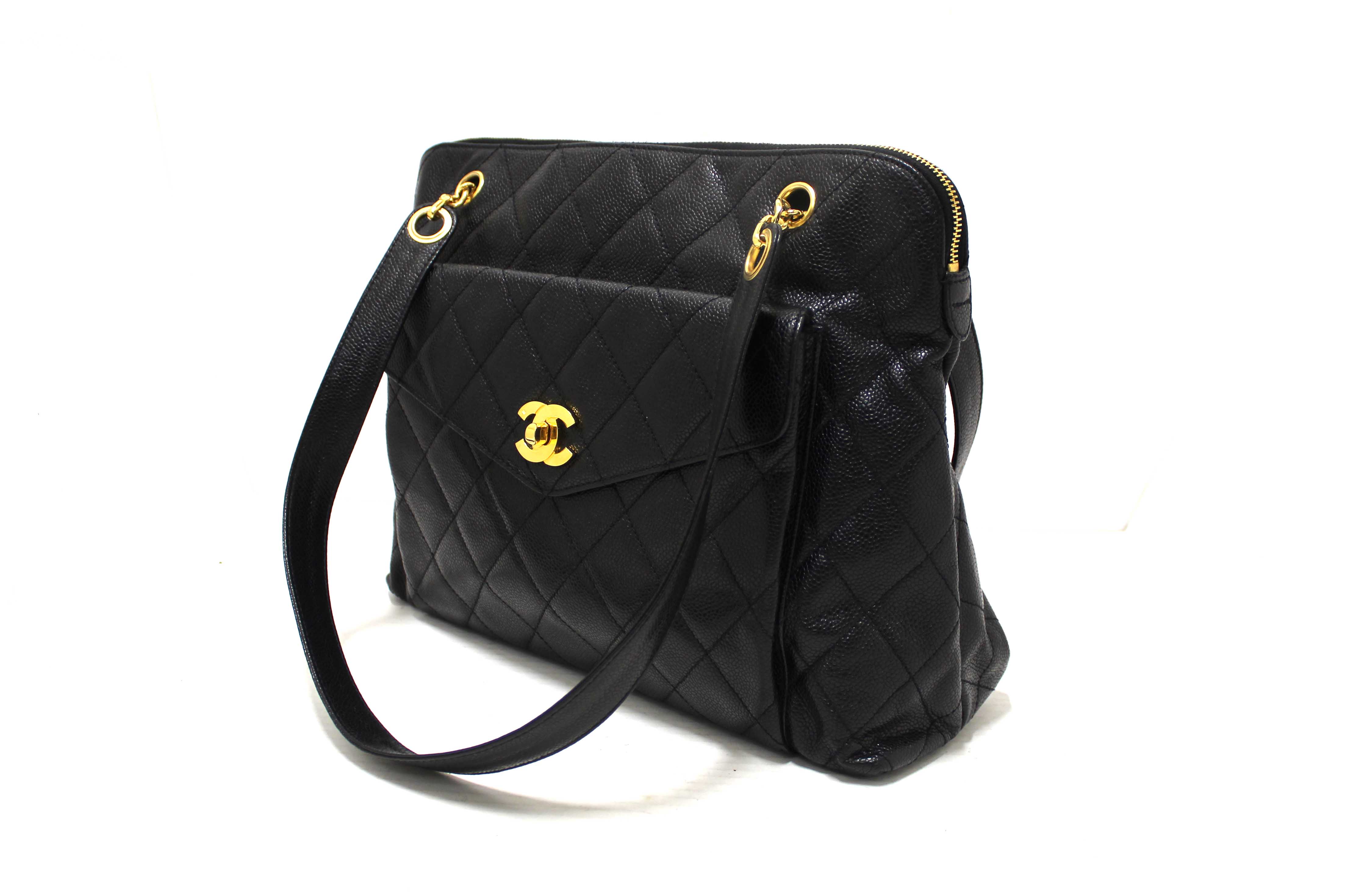 Authentic Chanel Vintage Black Quilted Caviar Front Pocket Shoulder Bag