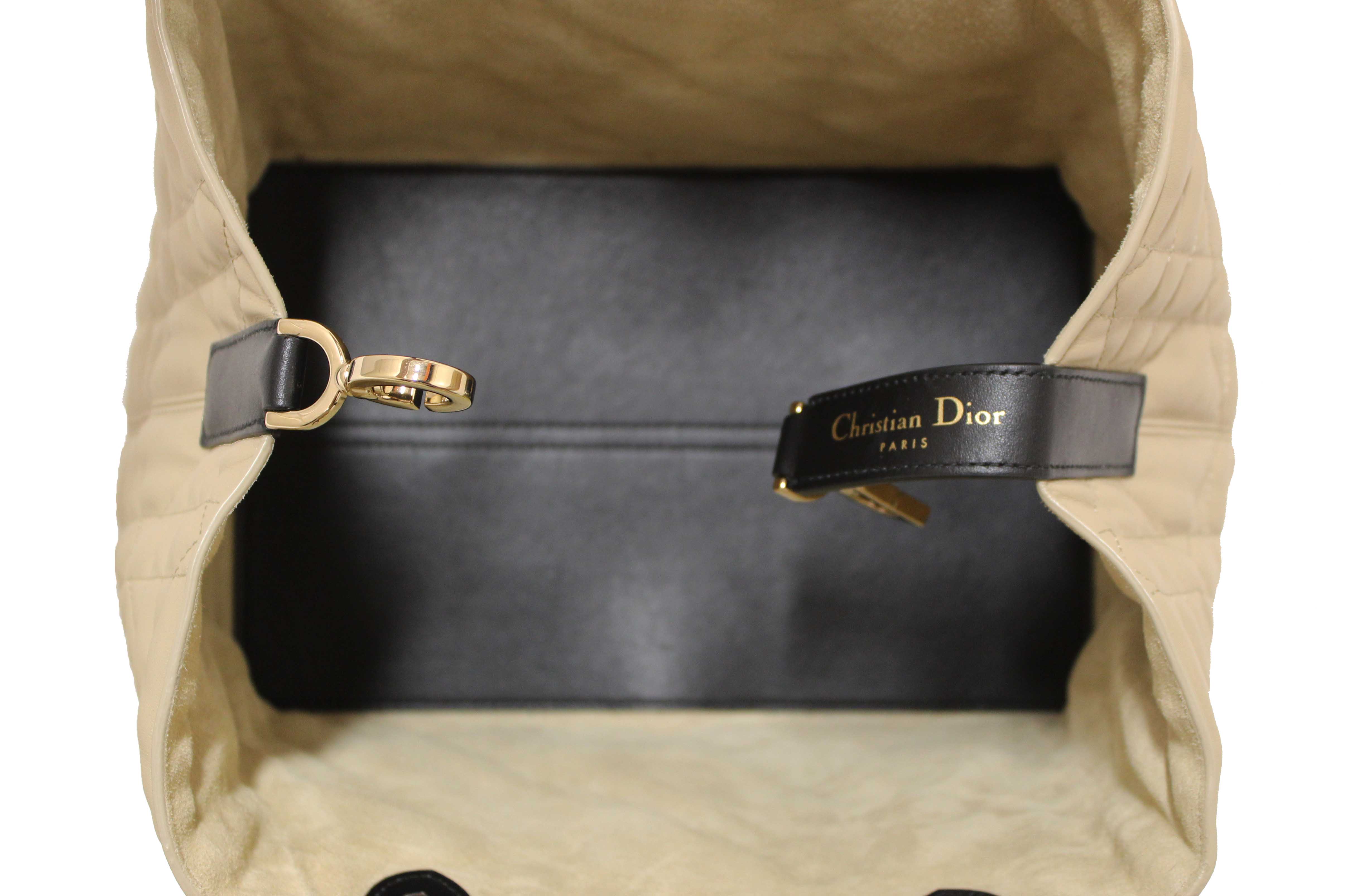 Authentic Christian Dior Rope Beige and Black Macrocannage Calfskin Medium Dior Toujours Bag