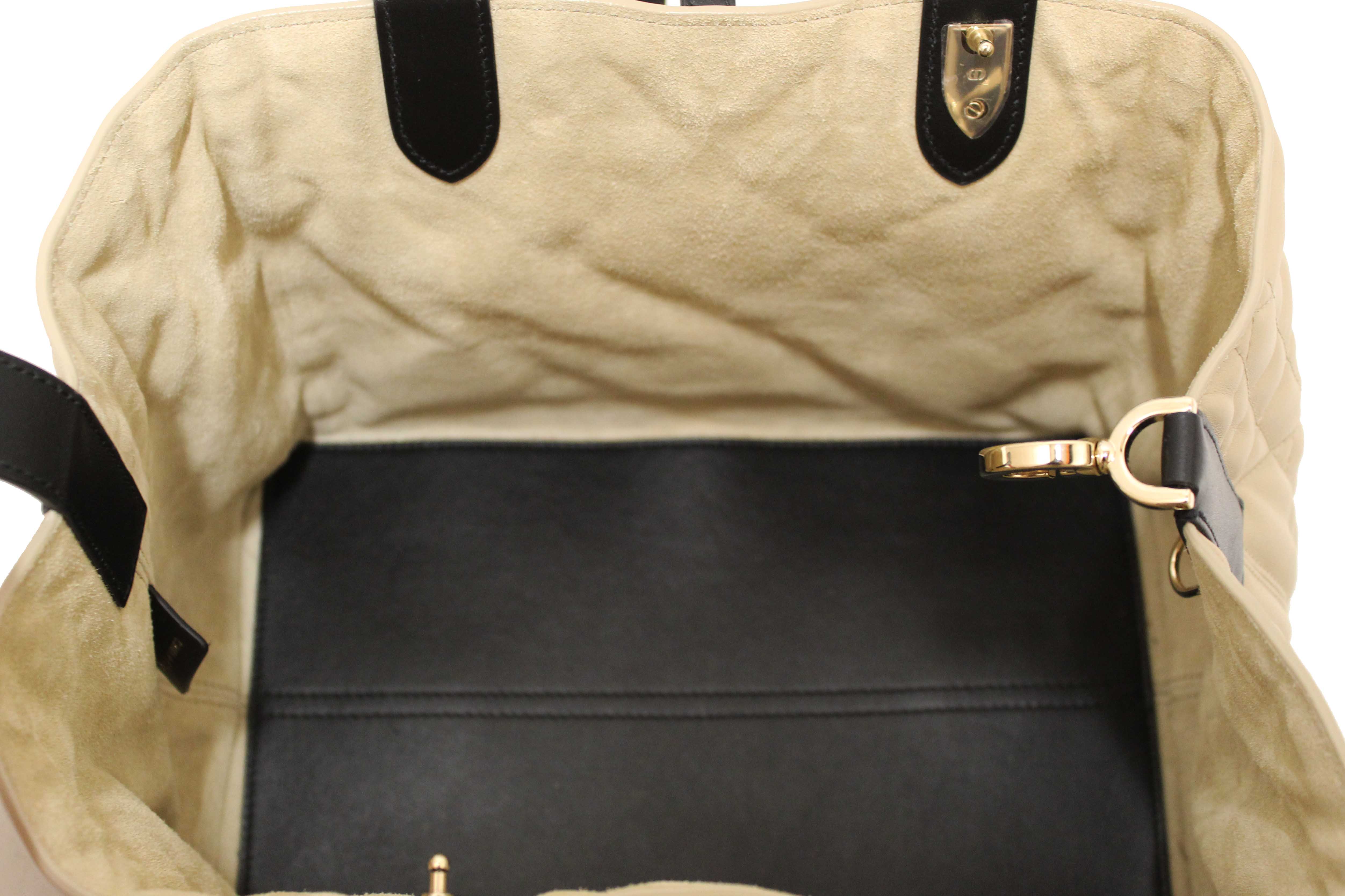 Authentic Christian Dior Rope Beige and Black Macrocannage Calfskin Medium Dior Toujours Bag