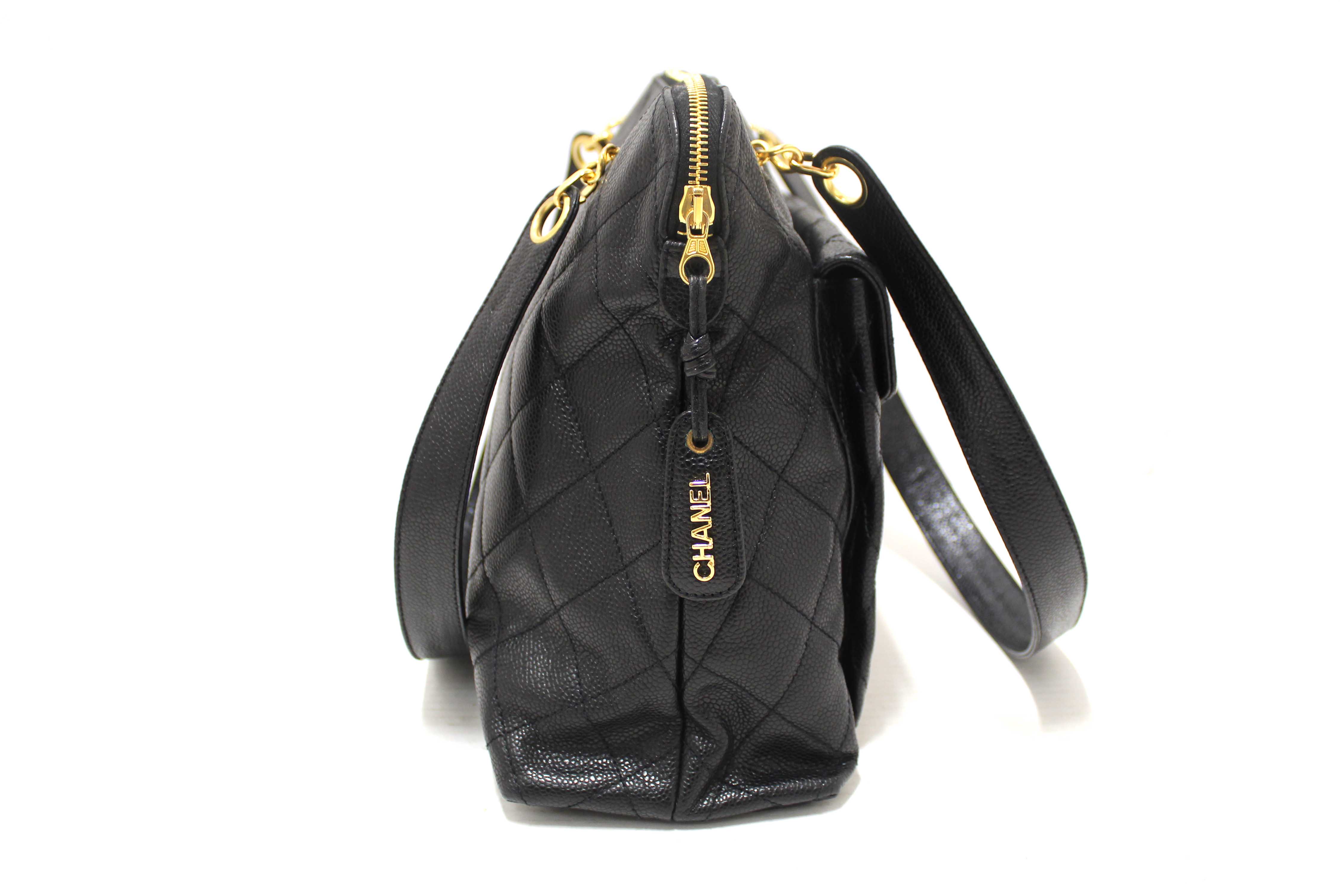 Authentic Chanel Vintage Black Quilted Caviar Front Pocket Shoulder Bag