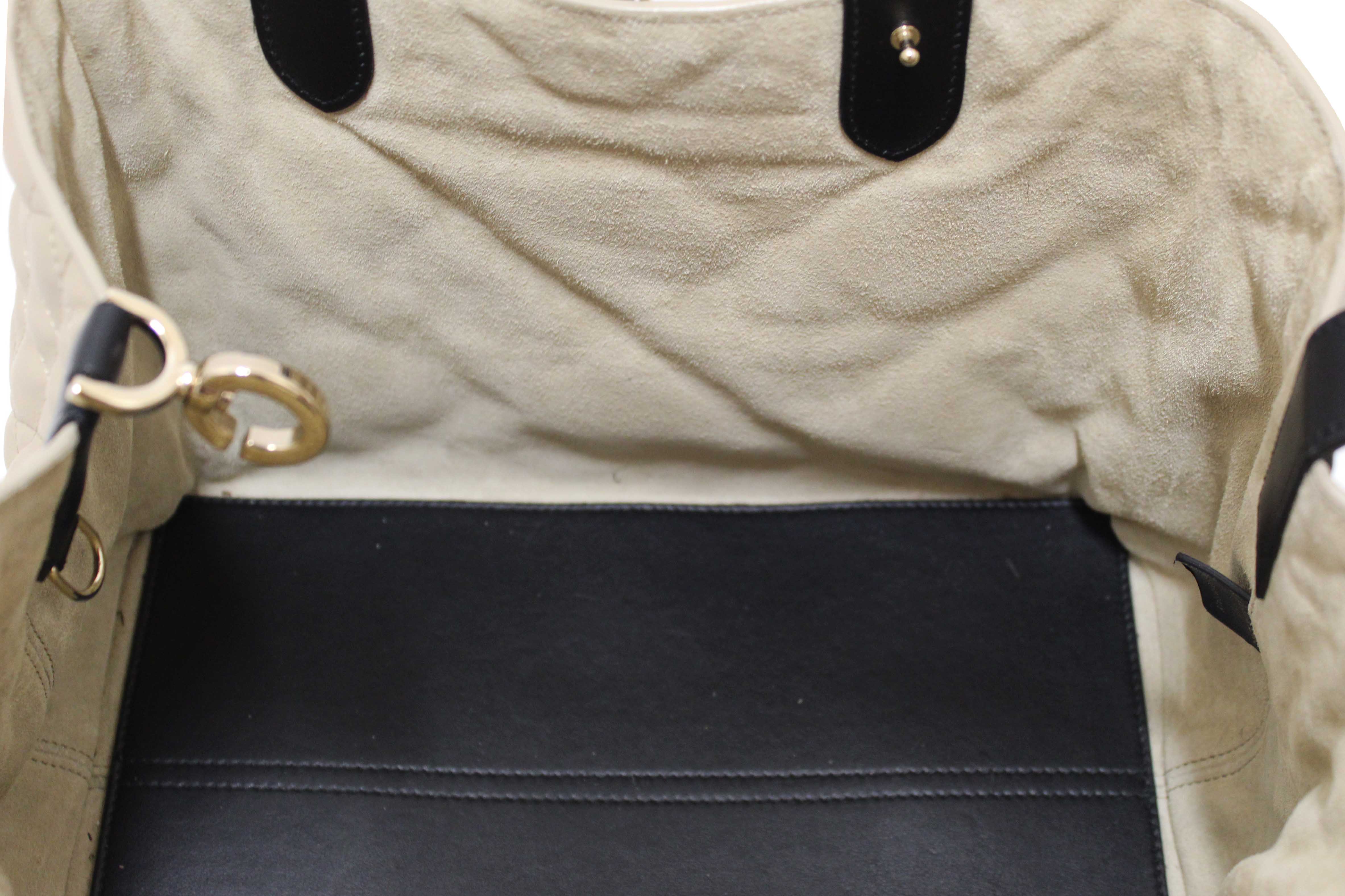 Authentic Christian Dior Rope Beige and Black Macrocannage Calfskin Medium Dior Toujours Bag