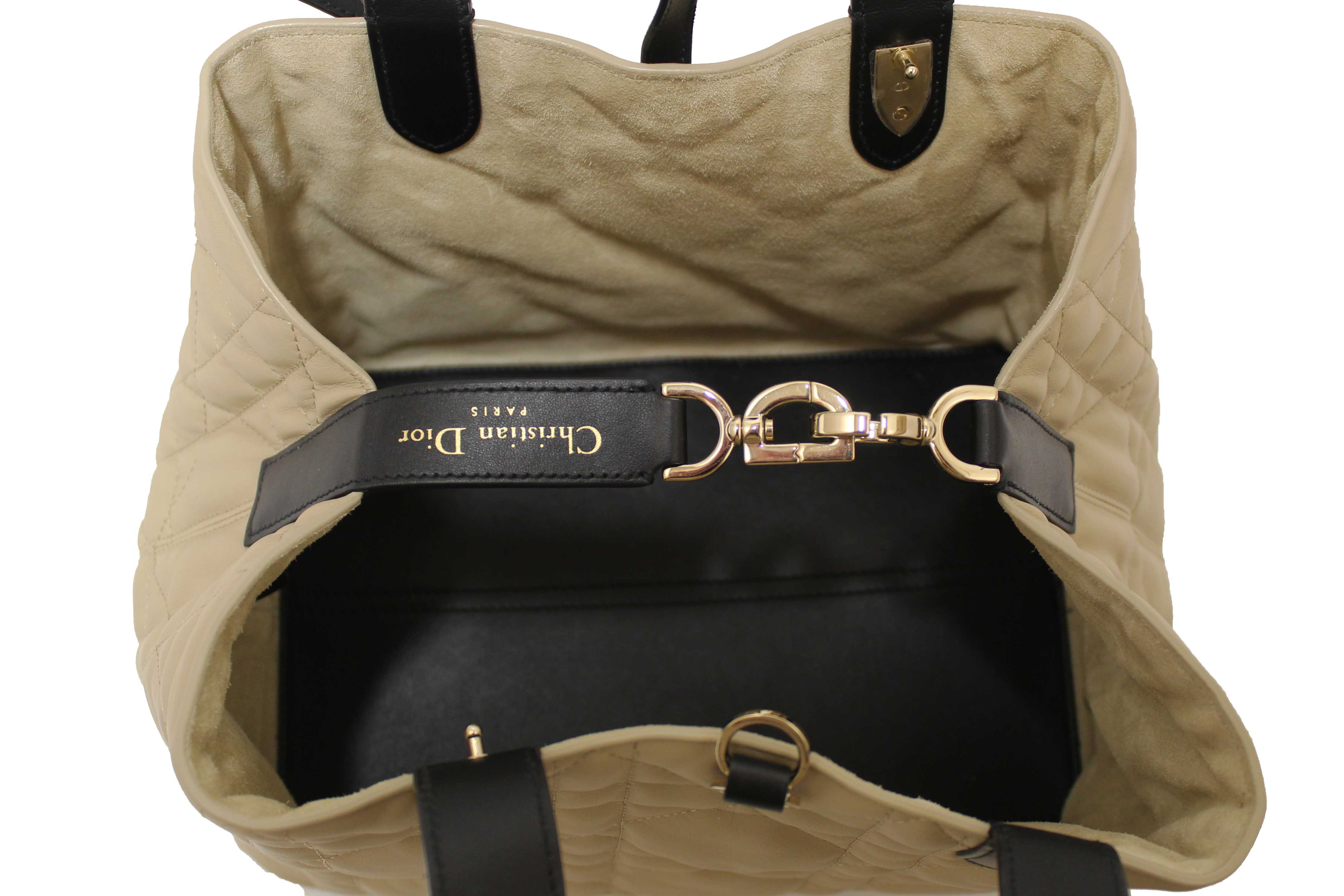 Authentic Christian Dior Rope Beige and Black Macrocannage Calfskin Medium Dior Toujours Bag