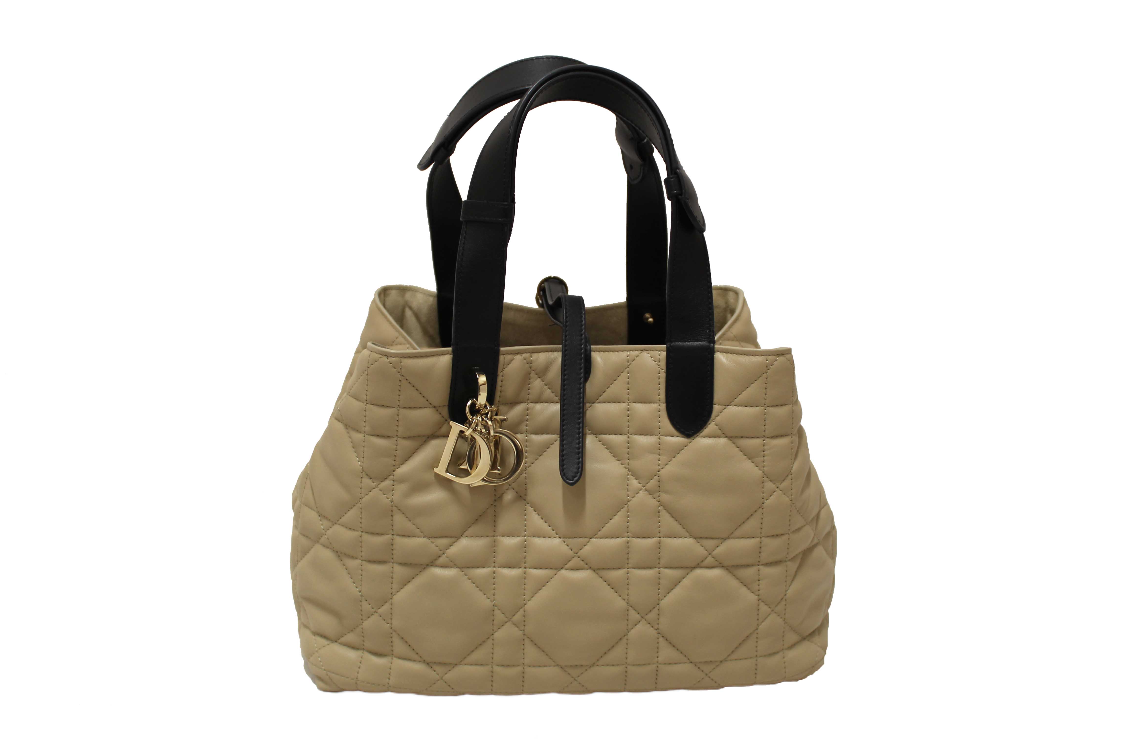 Authentic Christian Dior Rope Beige and Black Macrocannage Calfskin Medium Dior Toujours Bag