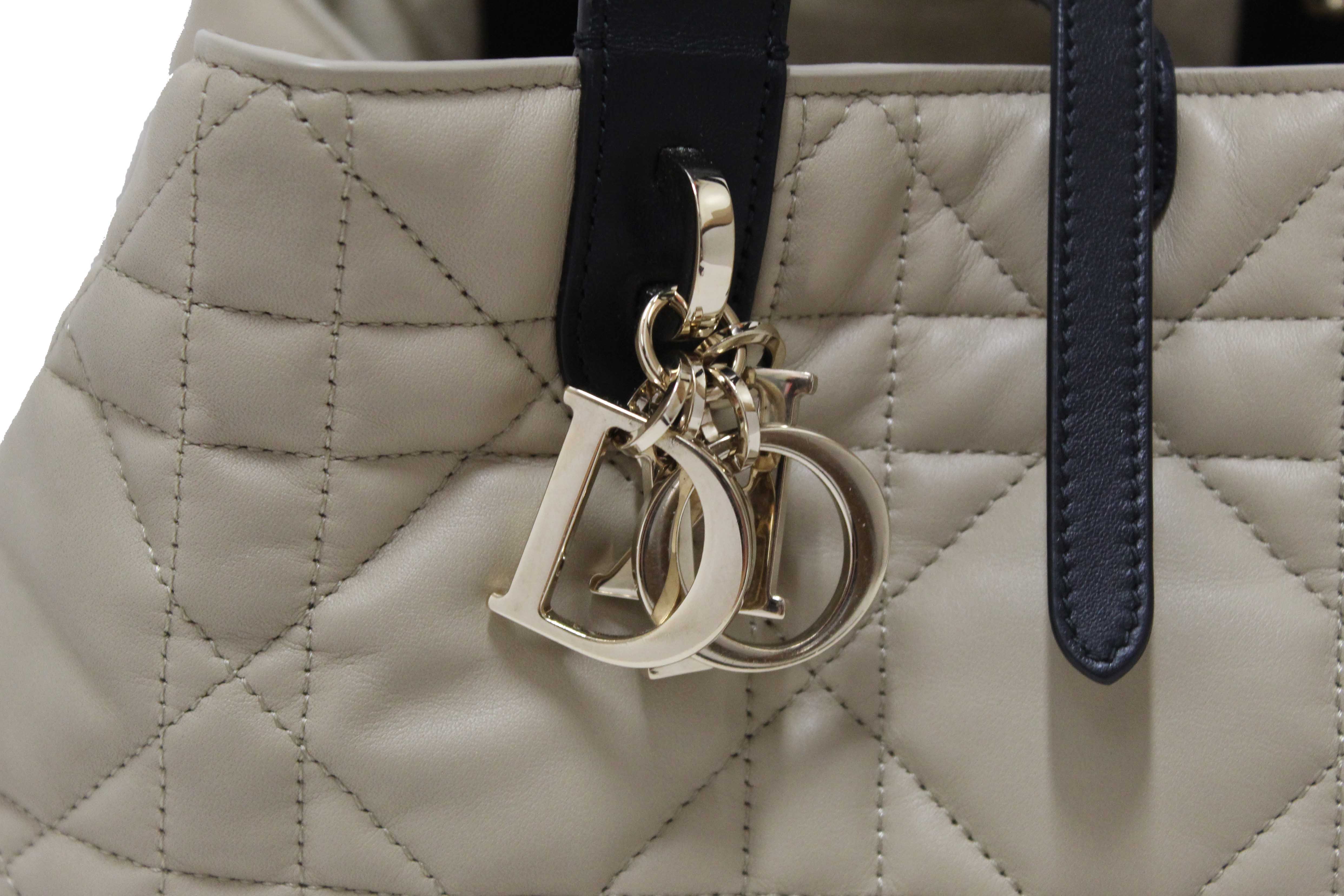 Authentic Christian Dior Rope Beige and Black Macrocannage Calfskin Medium Dior Toujours Bag