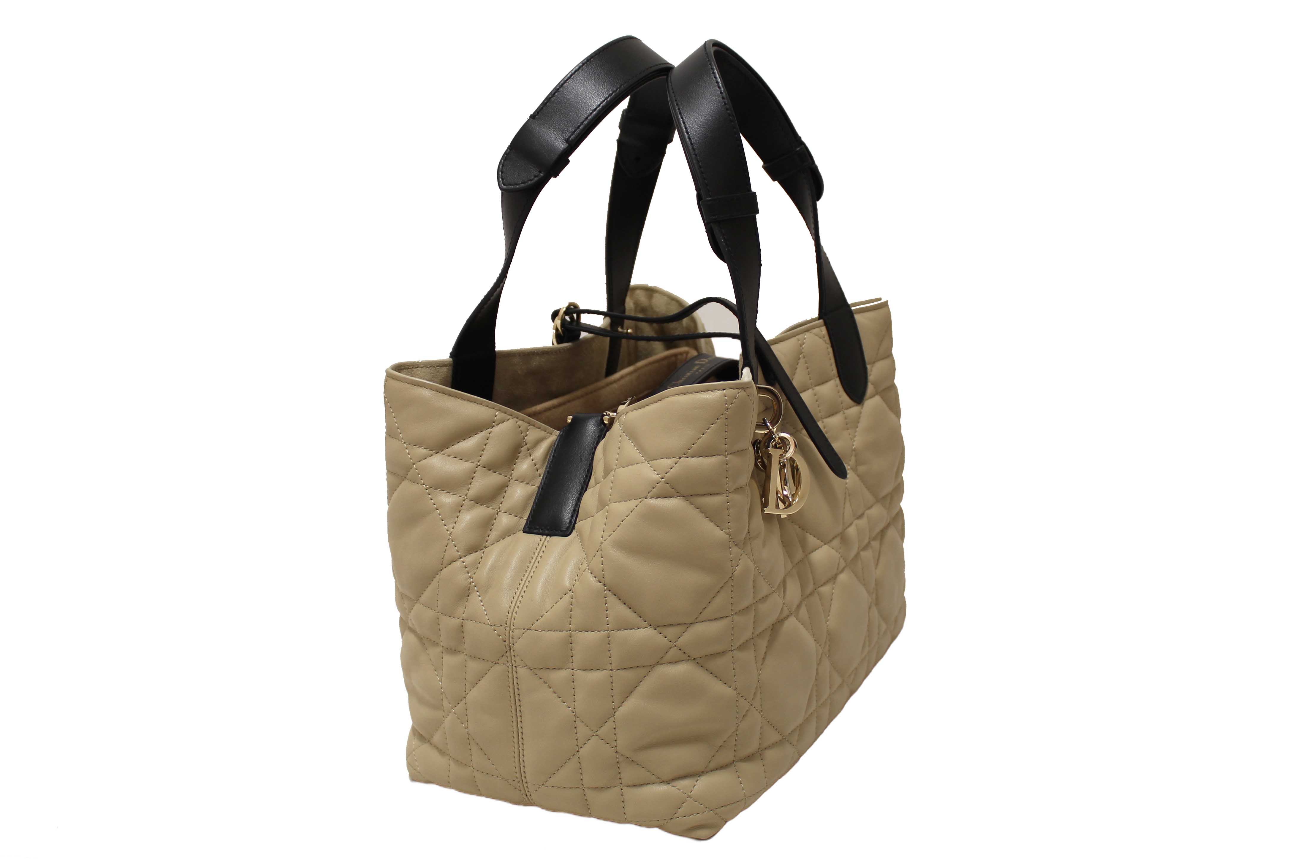 Authentic Christian Dior Rope Beige and Black Macrocannage Calfskin Medium Dior Toujours Bag