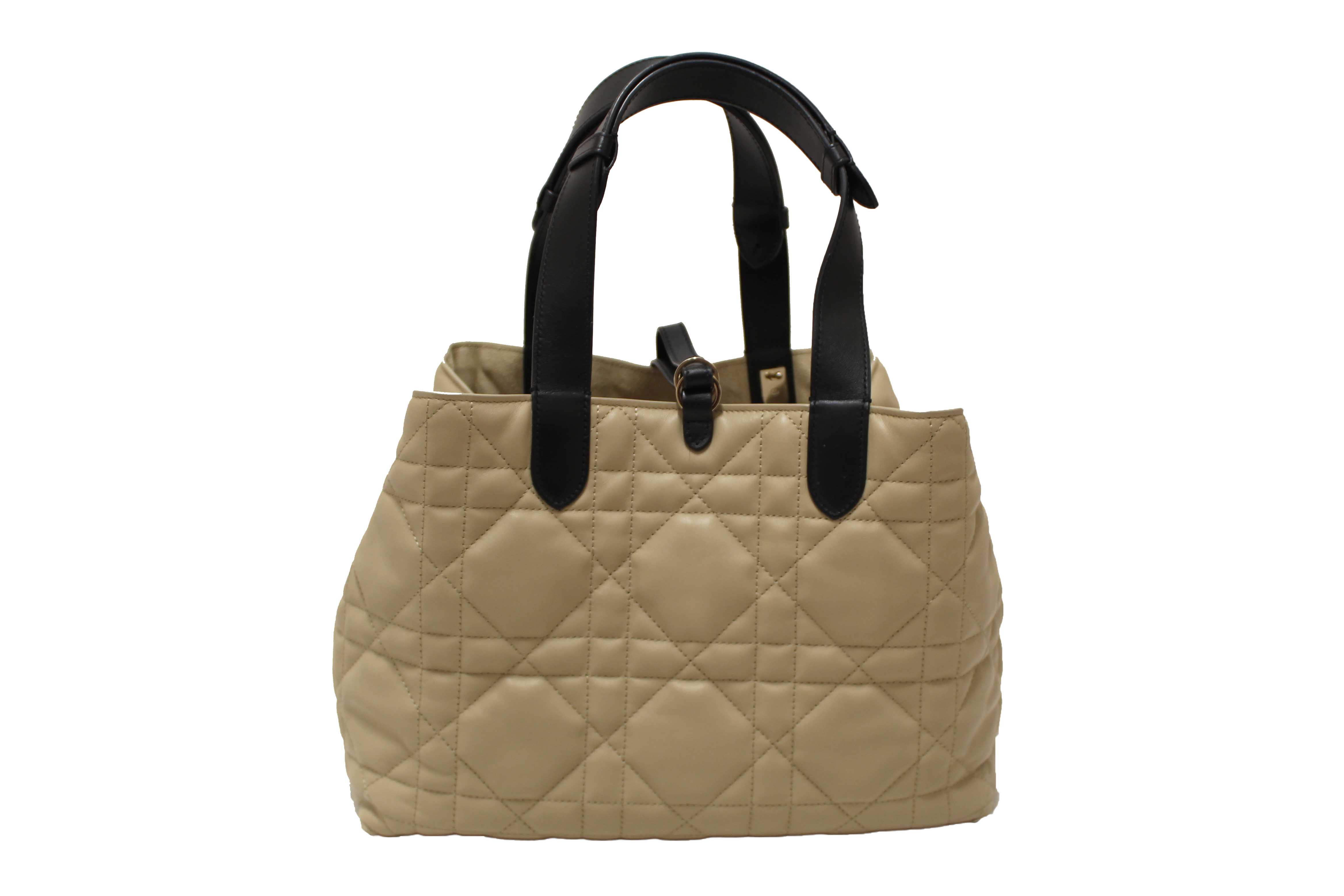 Authentic Christian Dior Rope Beige and Black Macrocannage Calfskin Medium Dior Toujours Bag