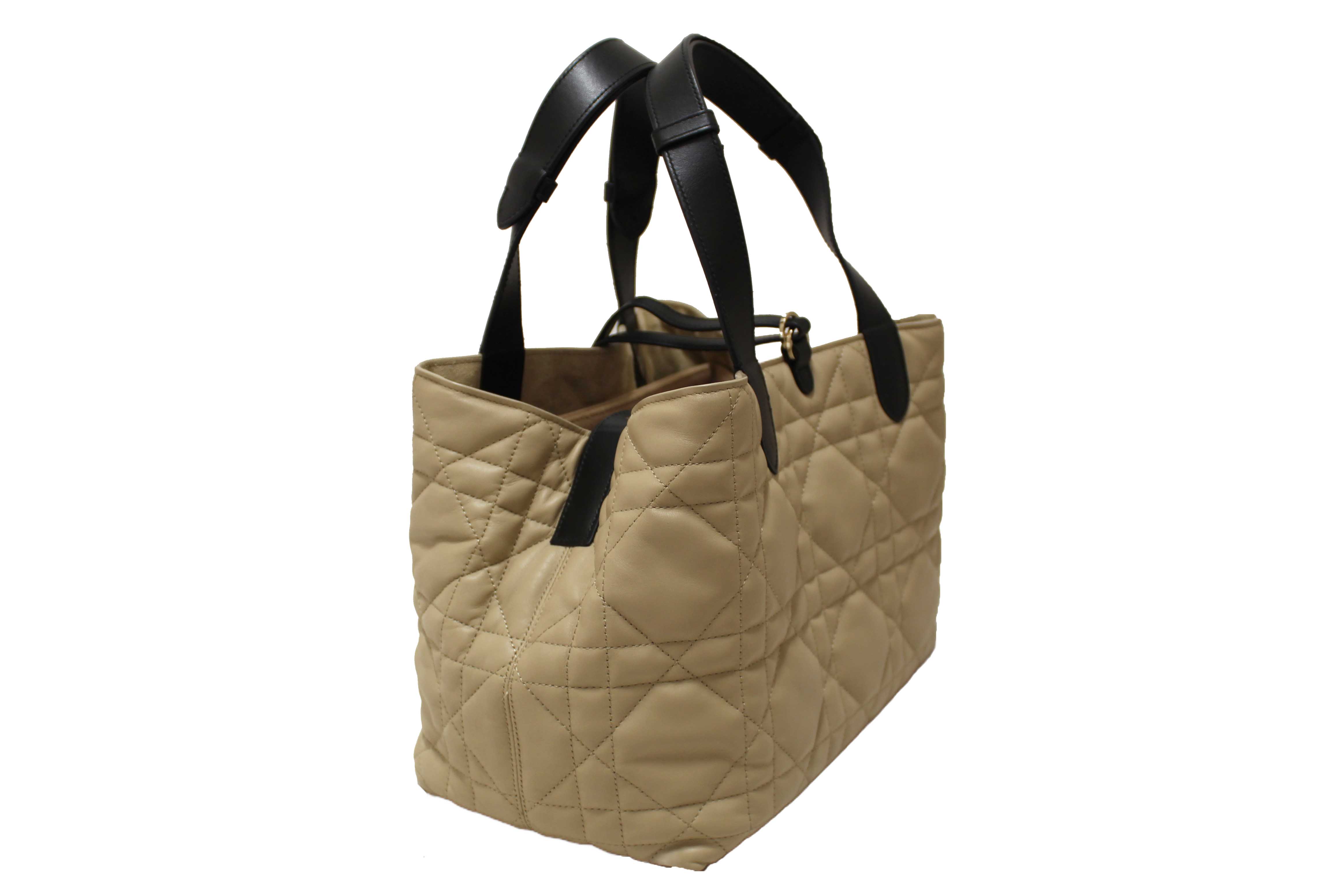 Authentic Christian Dior Rope Beige and Black Macrocannage Calfskin Medium Dior Toujours Bag