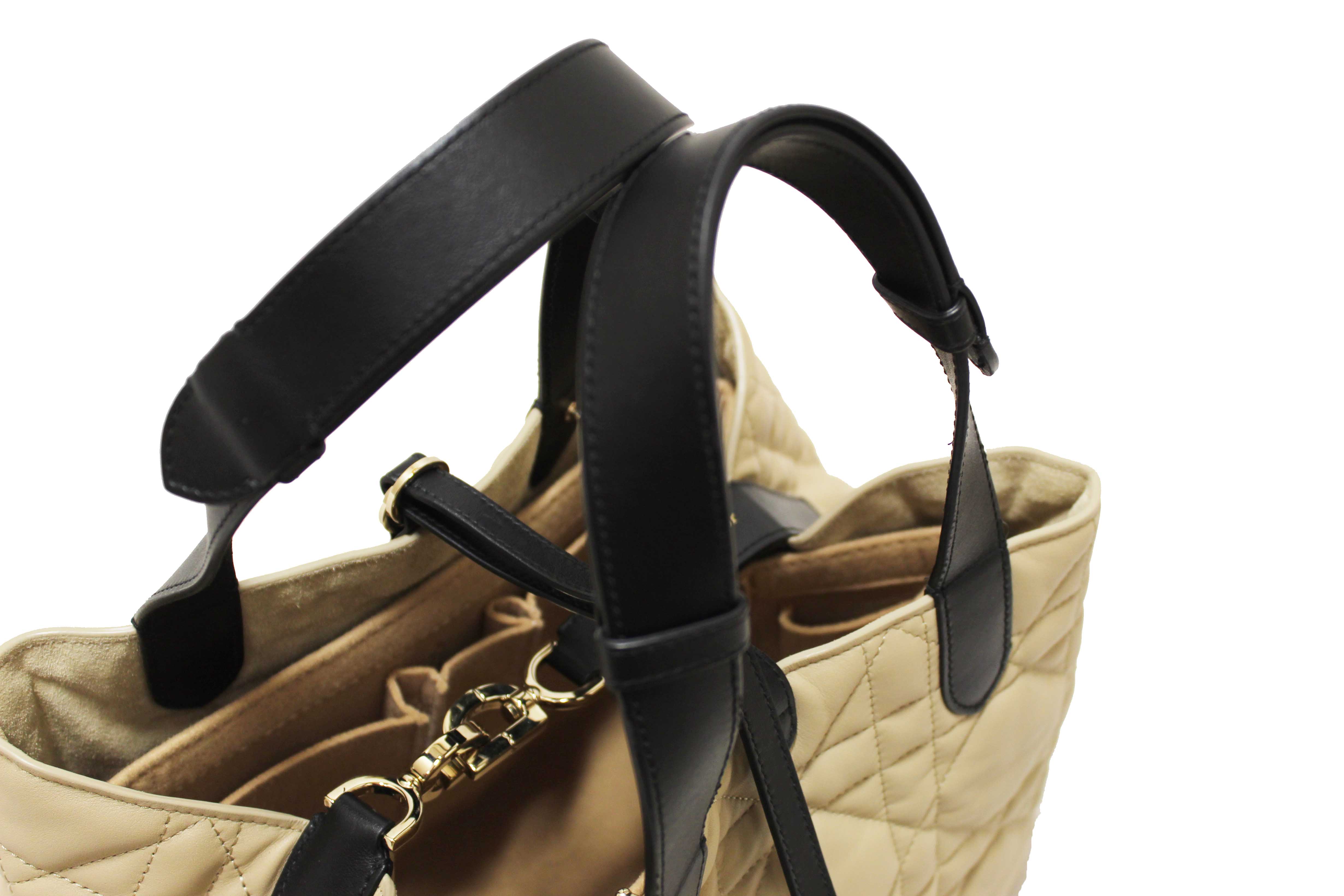 Authentic Christian Dior Rope Beige and Black Macrocannage Calfskin Medium Dior Toujours Bag