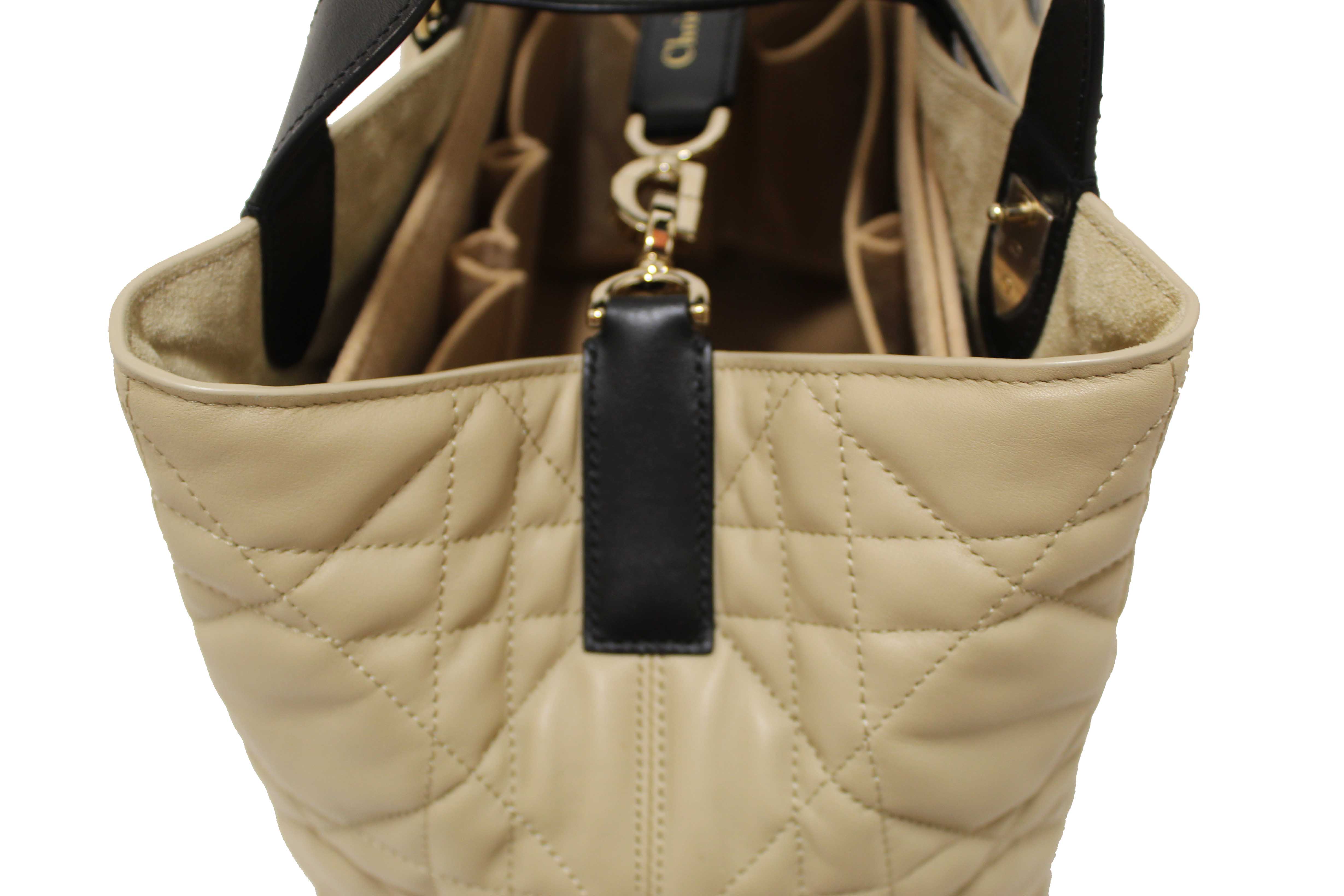 Authentic Christian Dior Rope Beige and Black Macrocannage Calfskin Medium Dior Toujours Bag