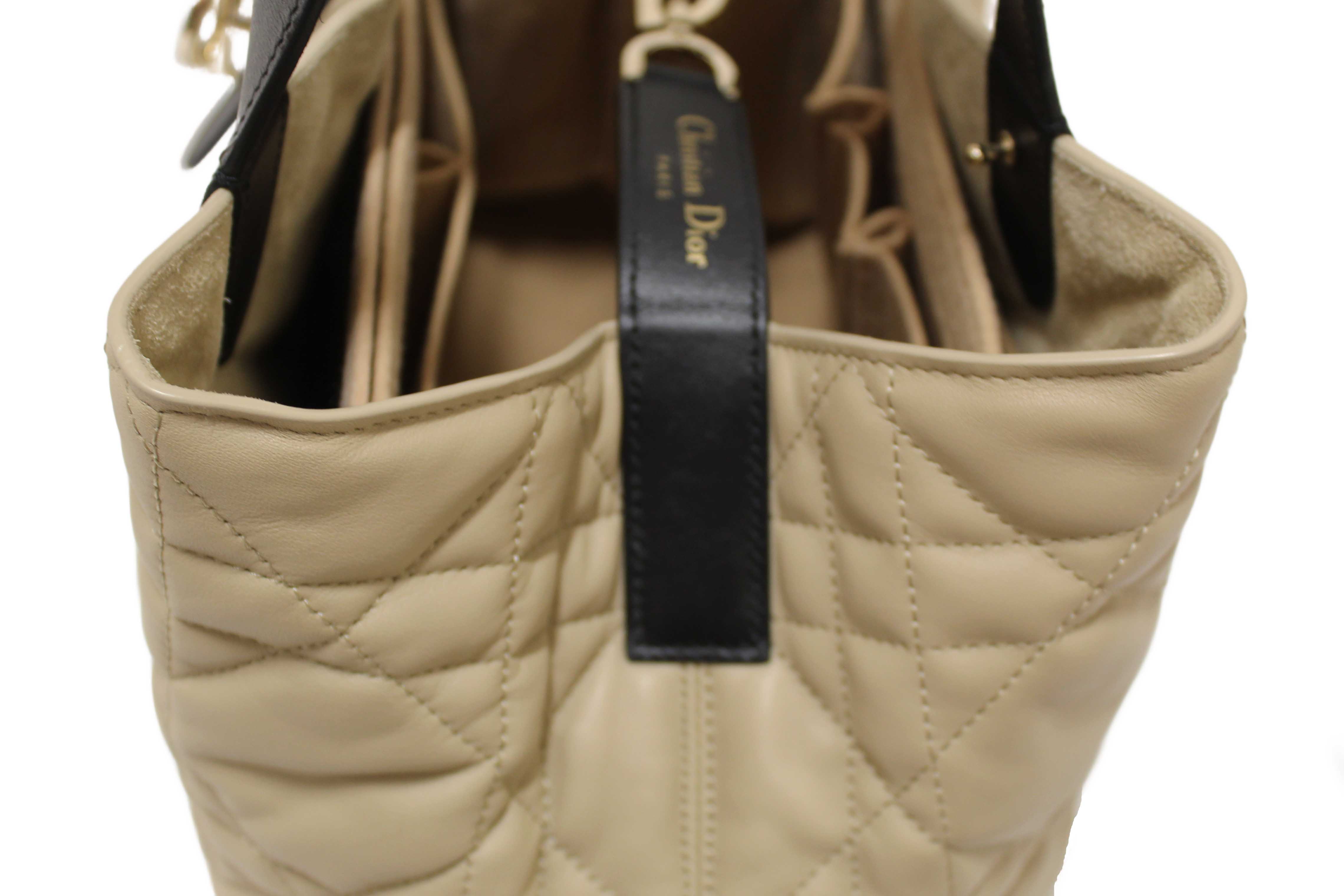 Authentic Christian Dior Rope Beige and Black Macrocannage Calfskin Medium Dior Toujours Bag