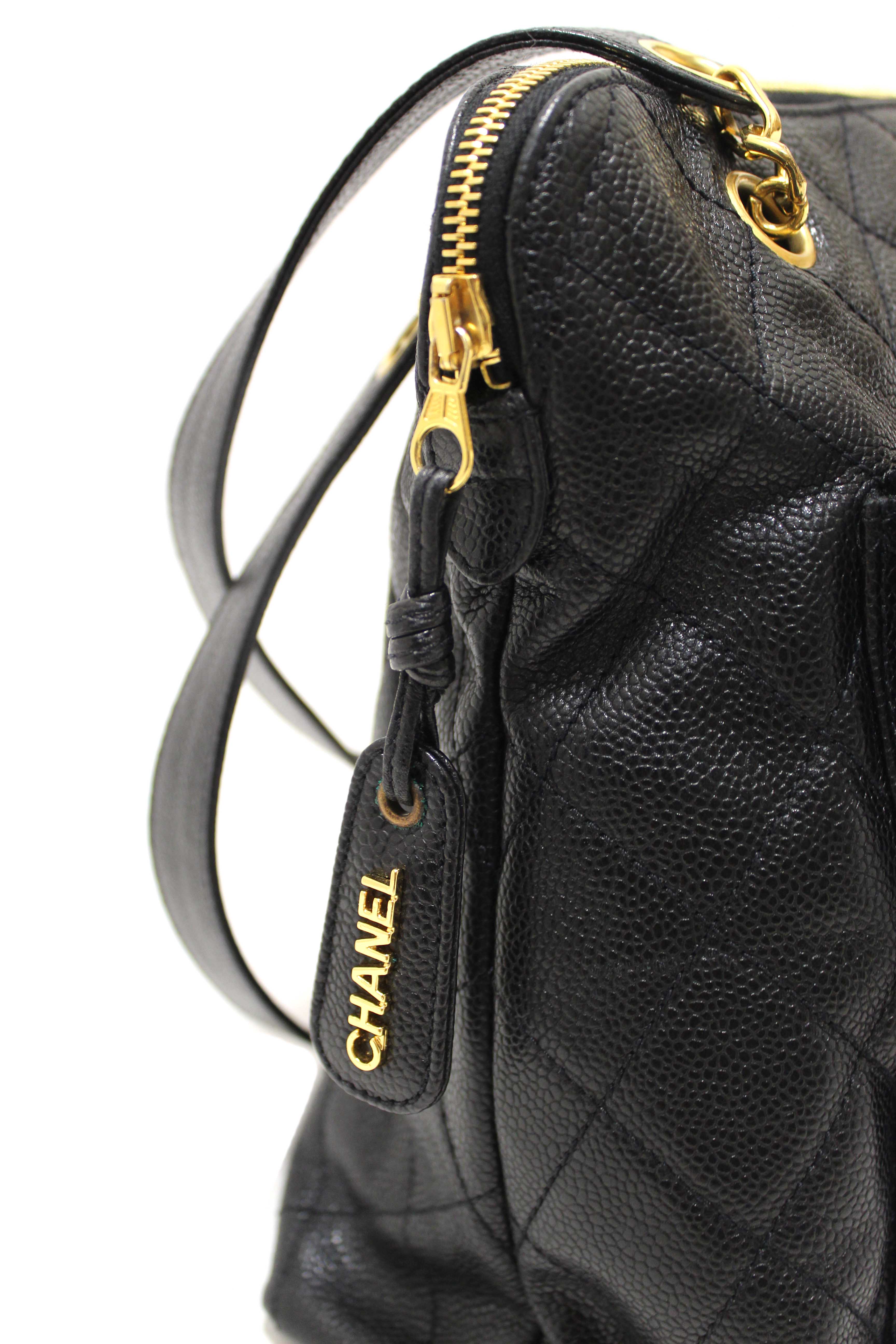 Authentic Chanel Vintage Black Quilted Caviar Front Pocket Shoulder Bag