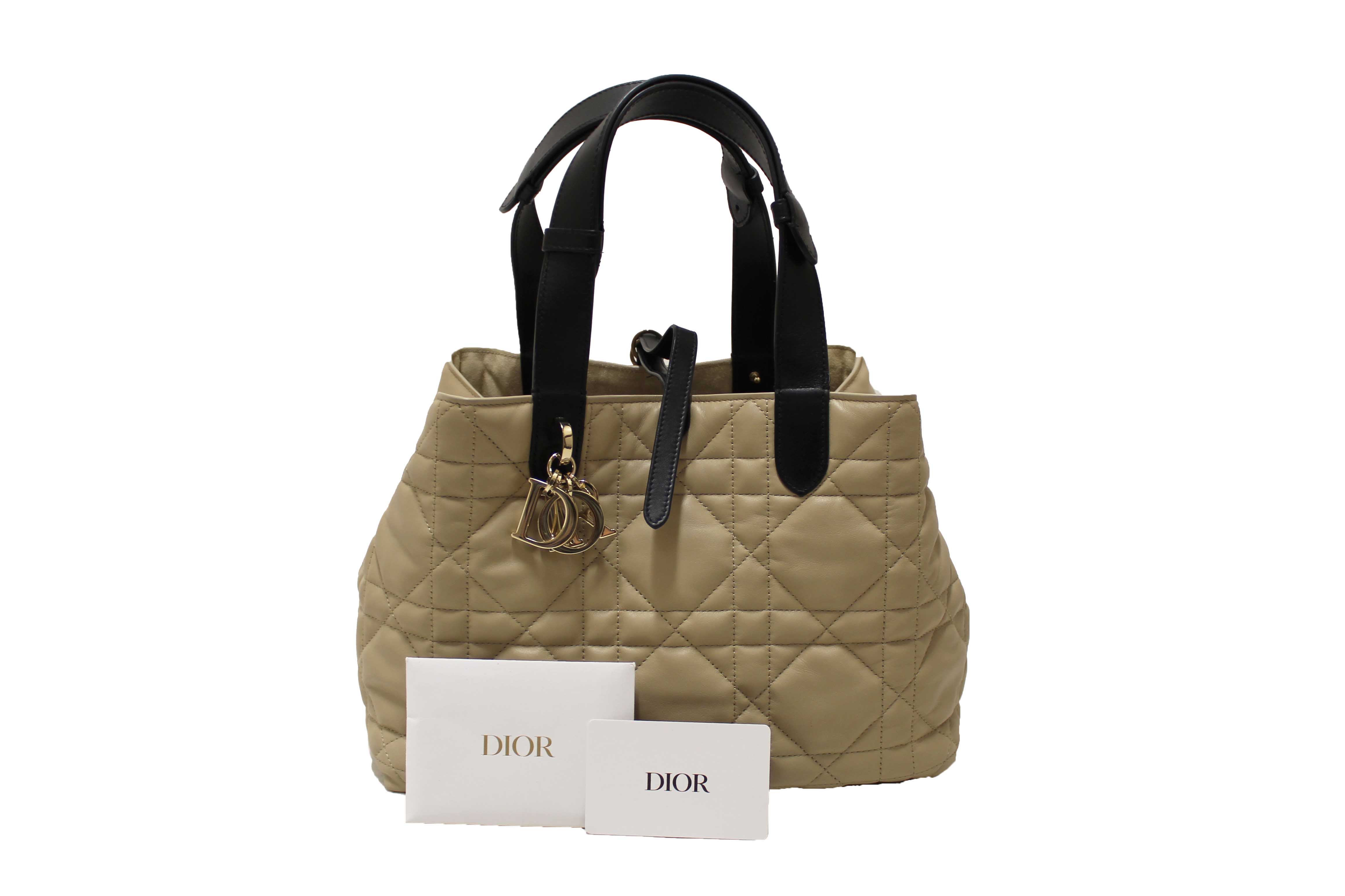 Authentic Christian Dior Rope Beige and Black Macrocannage Calfskin Medium Dior Toujours Bag