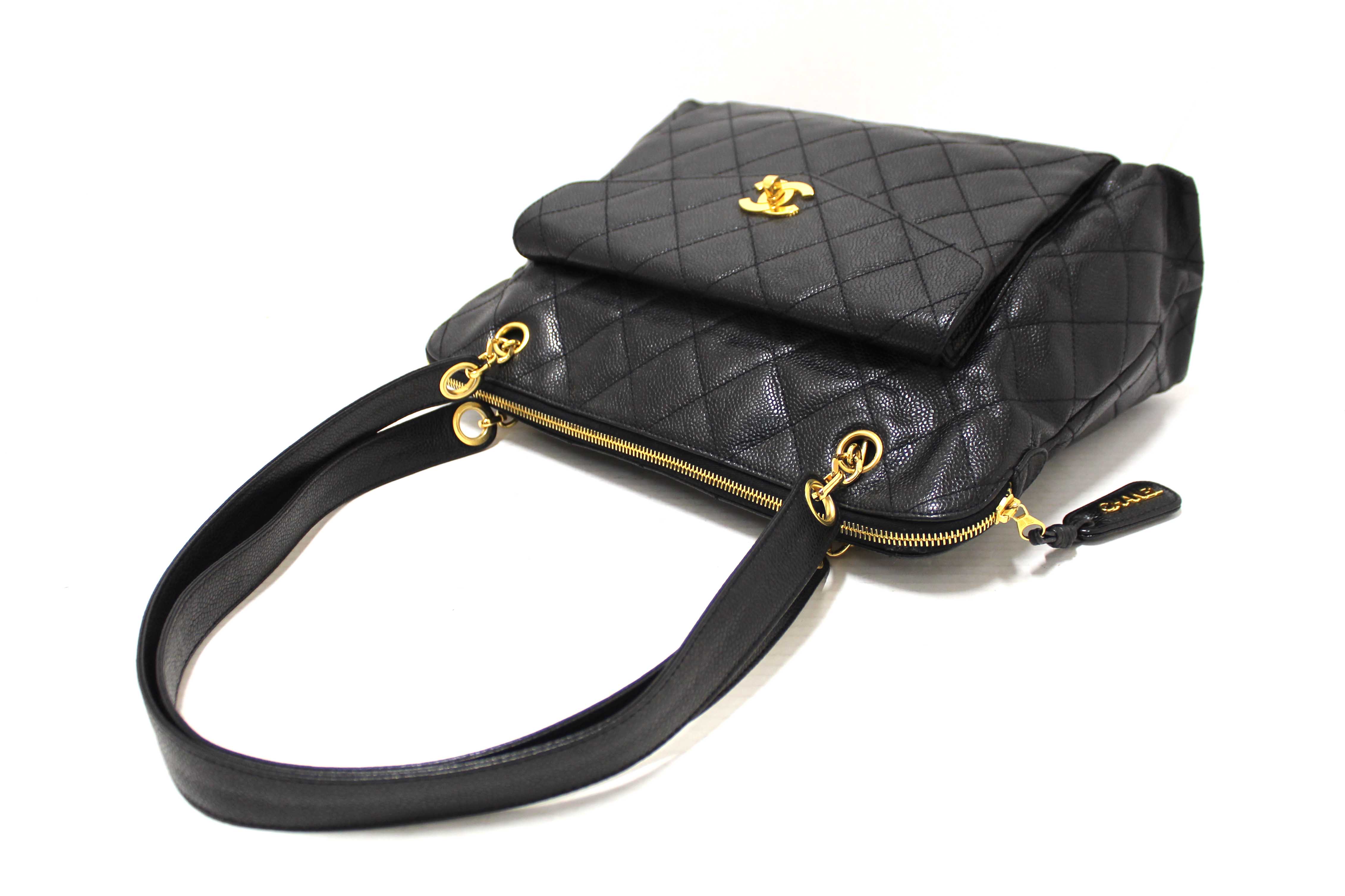 Authentic Chanel Vintage Black Quilted Caviar Front Pocket Shoulder Bag