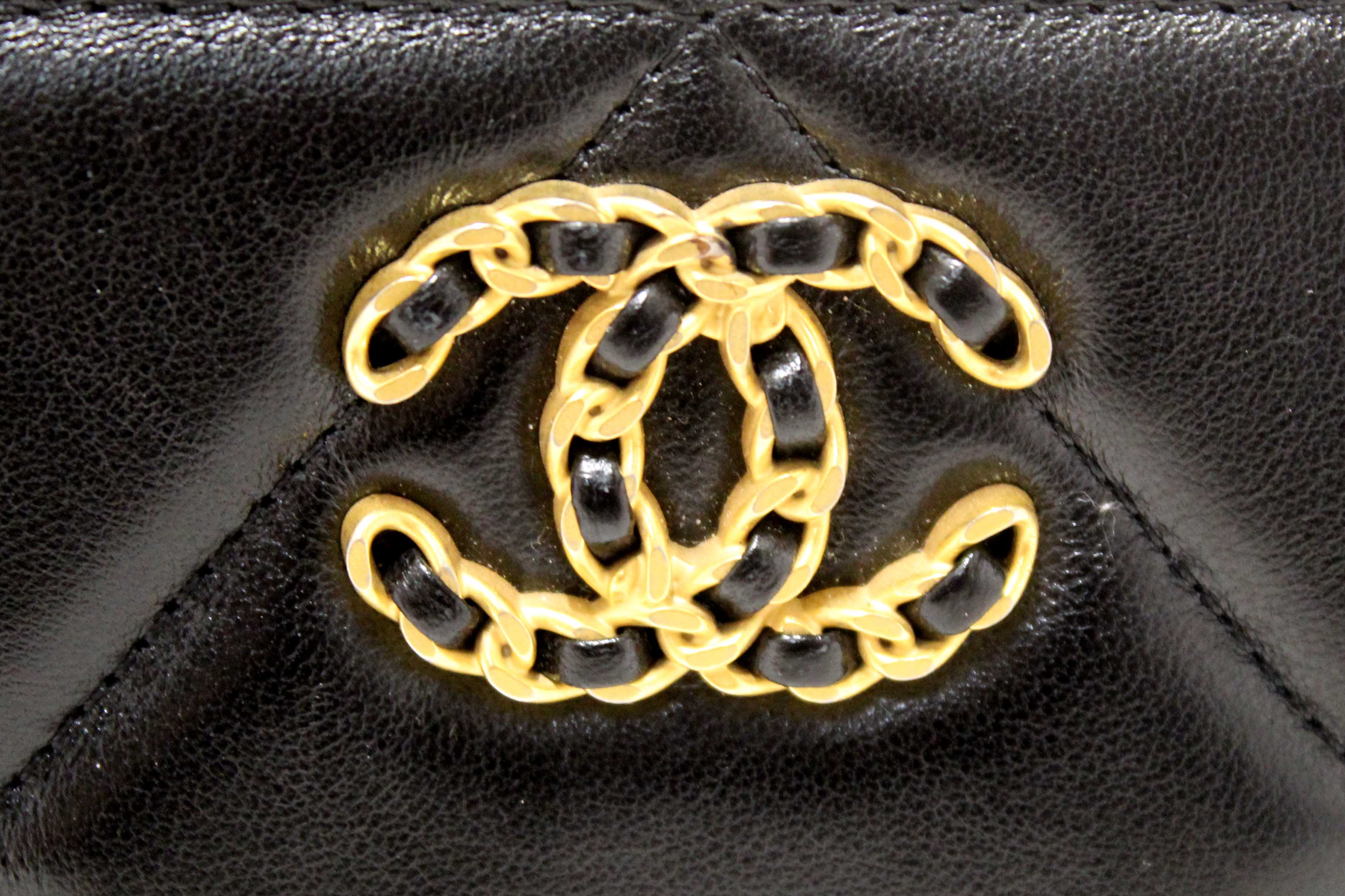 Authentic Chanel 19 Black Quilted Lambskin Leather Long Zip Around Wallet